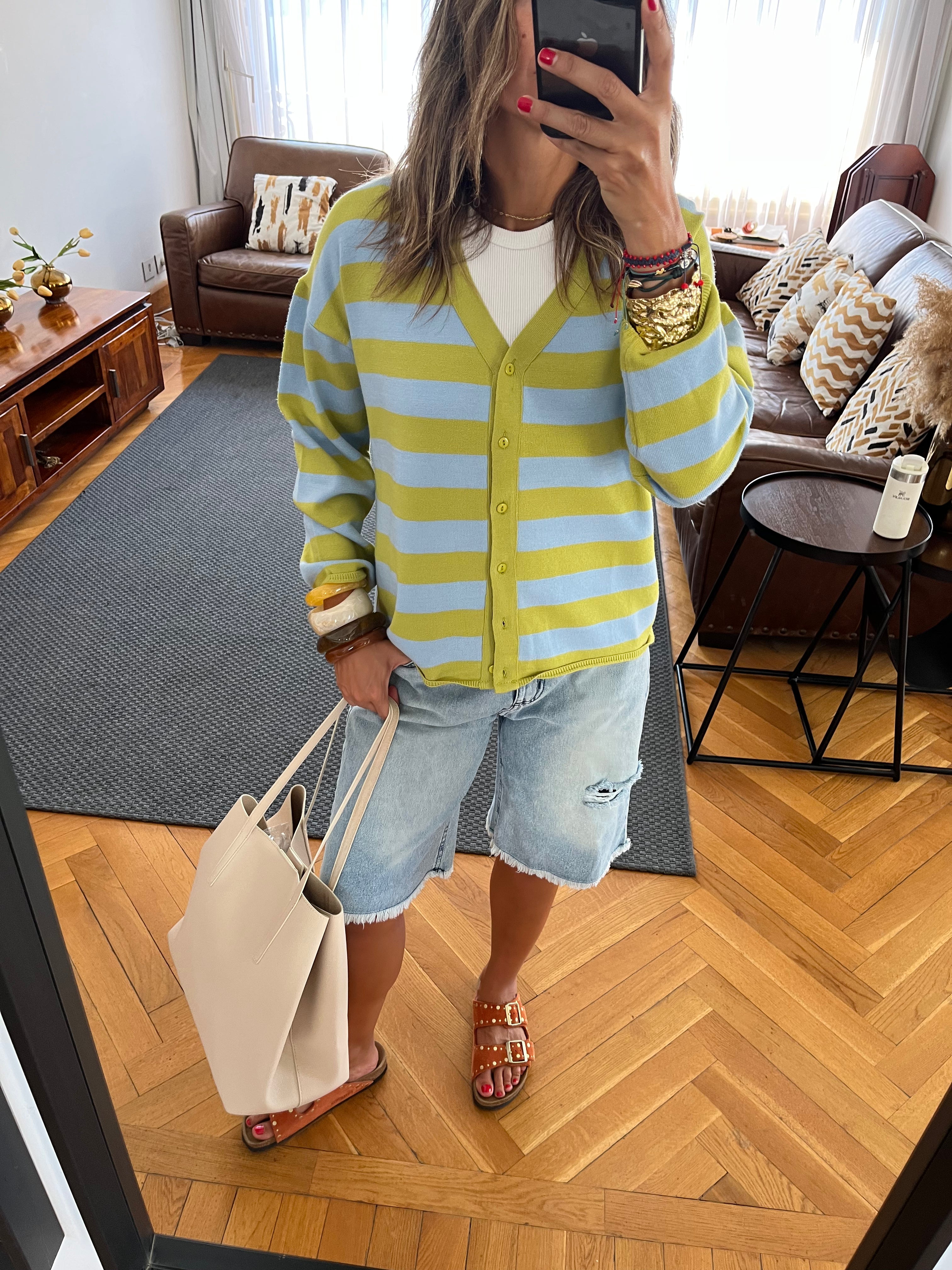Lime Striped Everyday Light Knit Cardigan