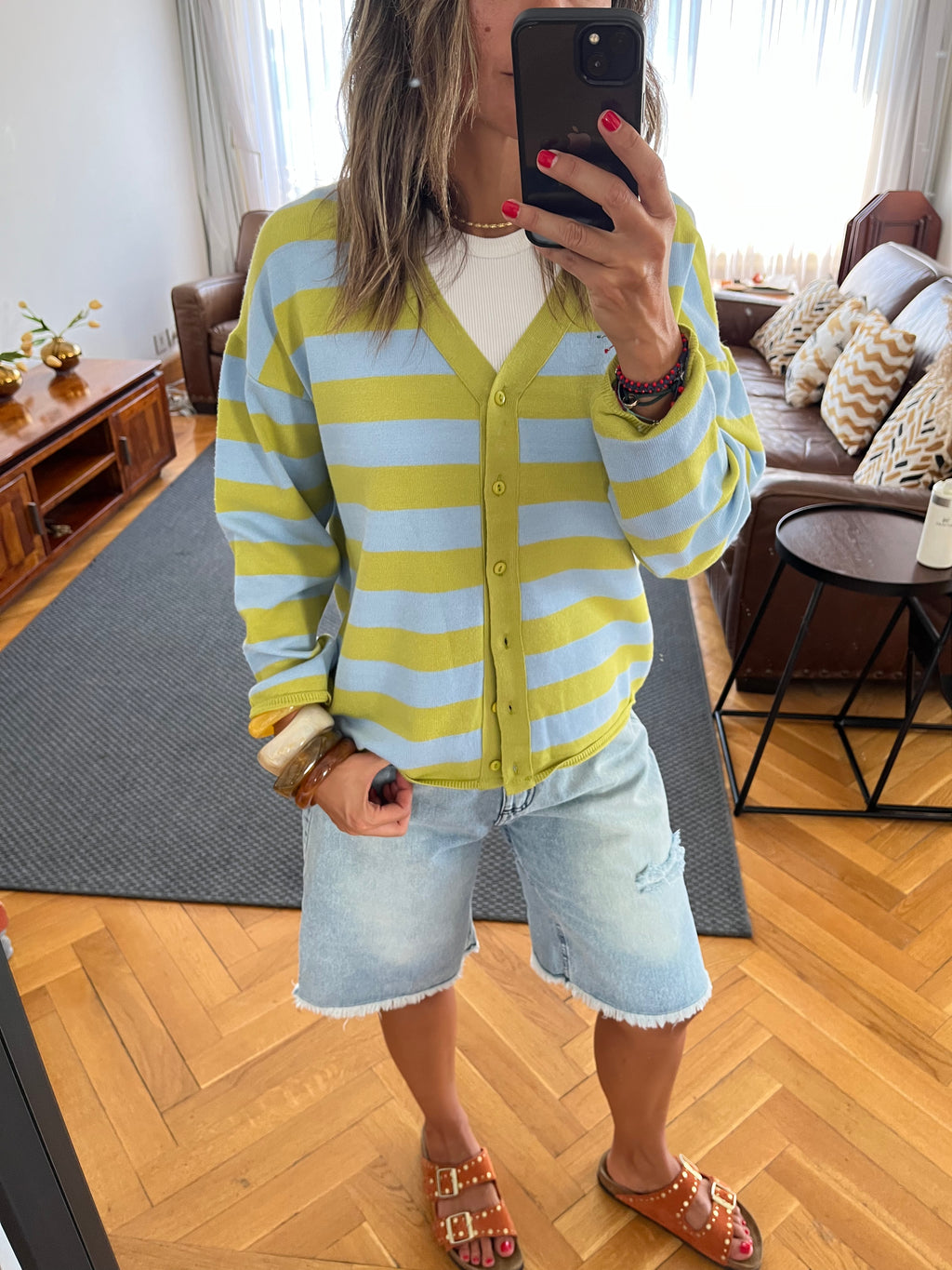 Lime Striped Everyday Light Knit Cardigan