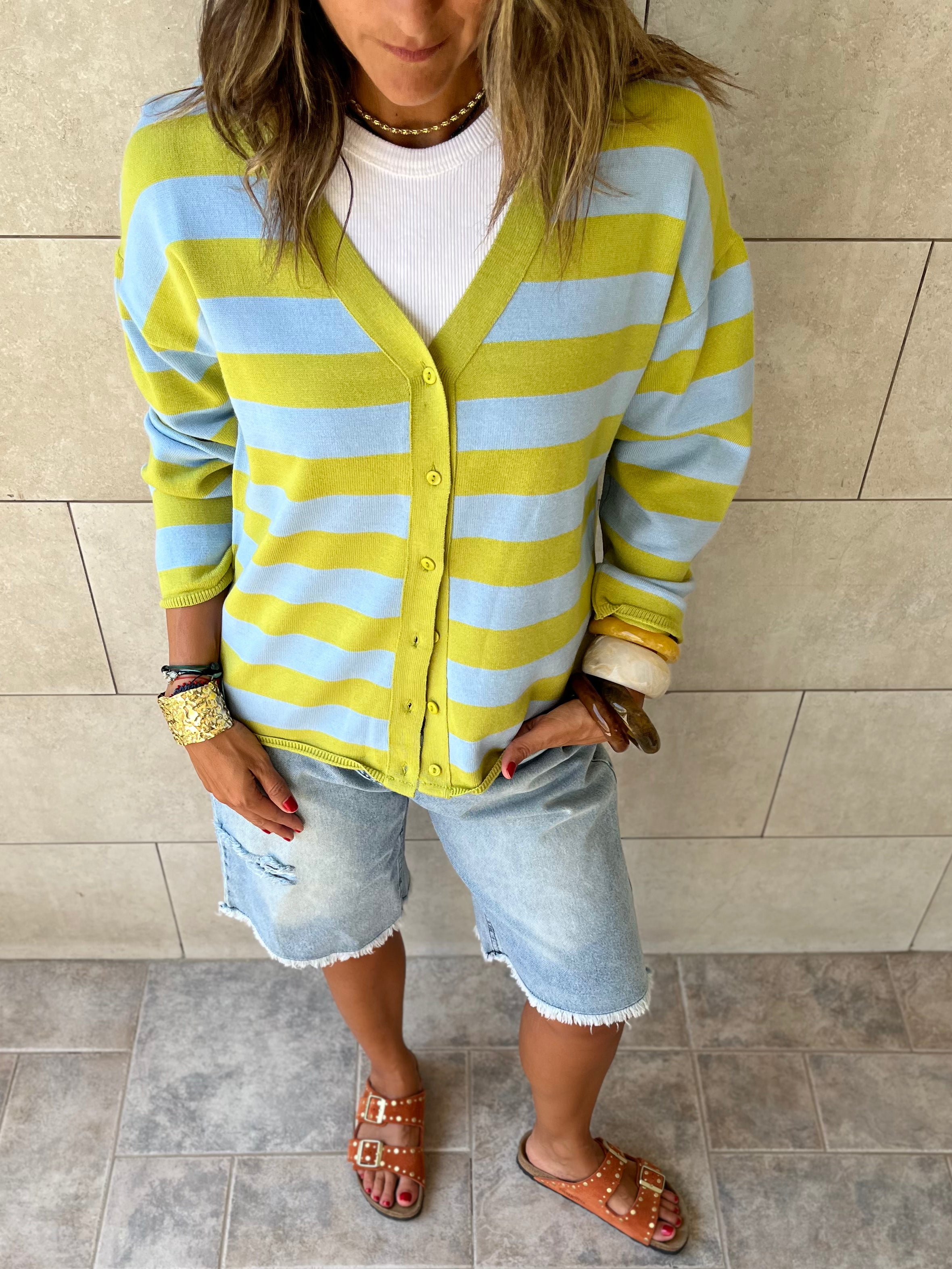 Lime Striped Everyday Light Knit Cardigan