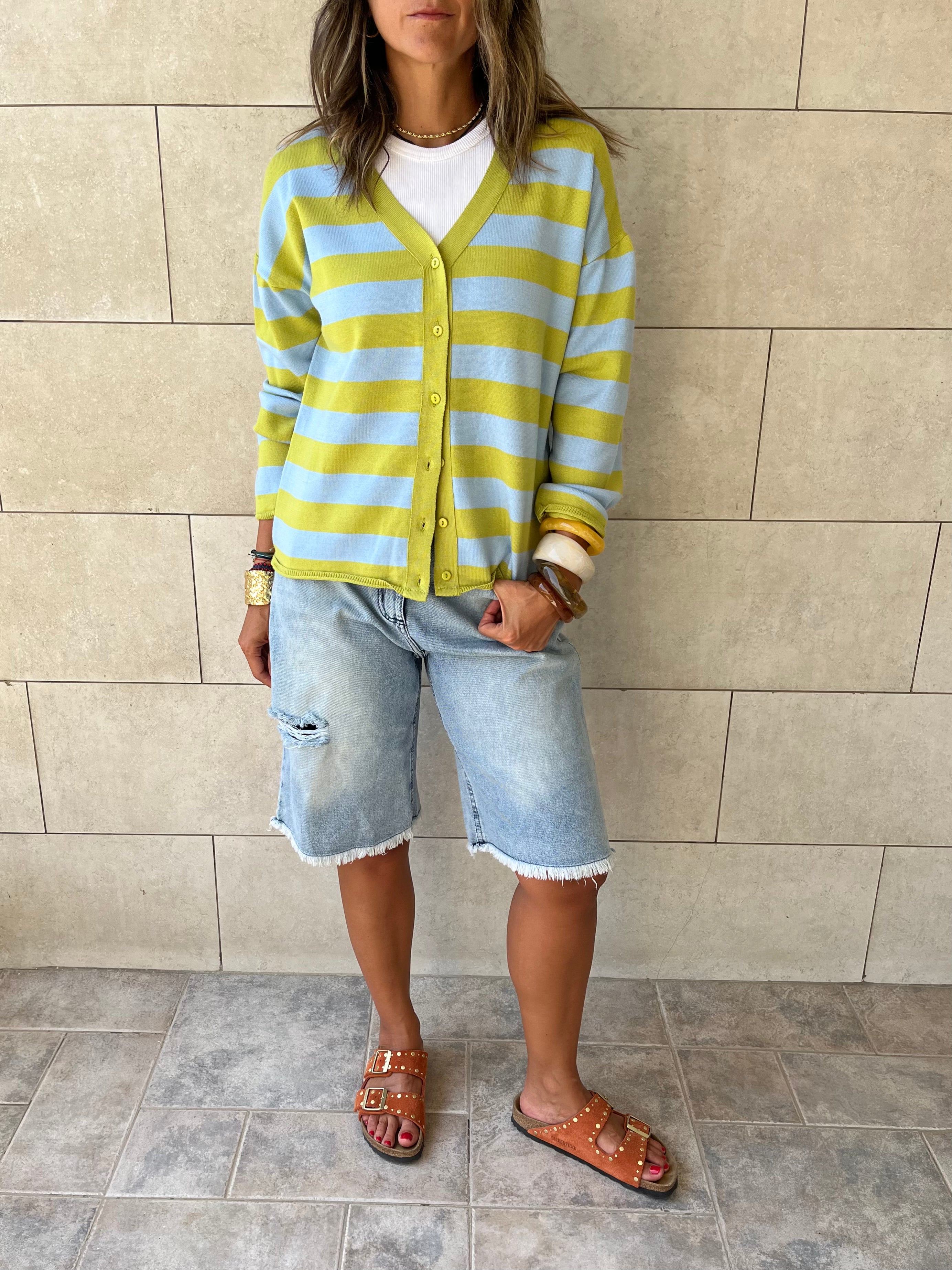 Lime Striped Everyday Light Knit Cardigan