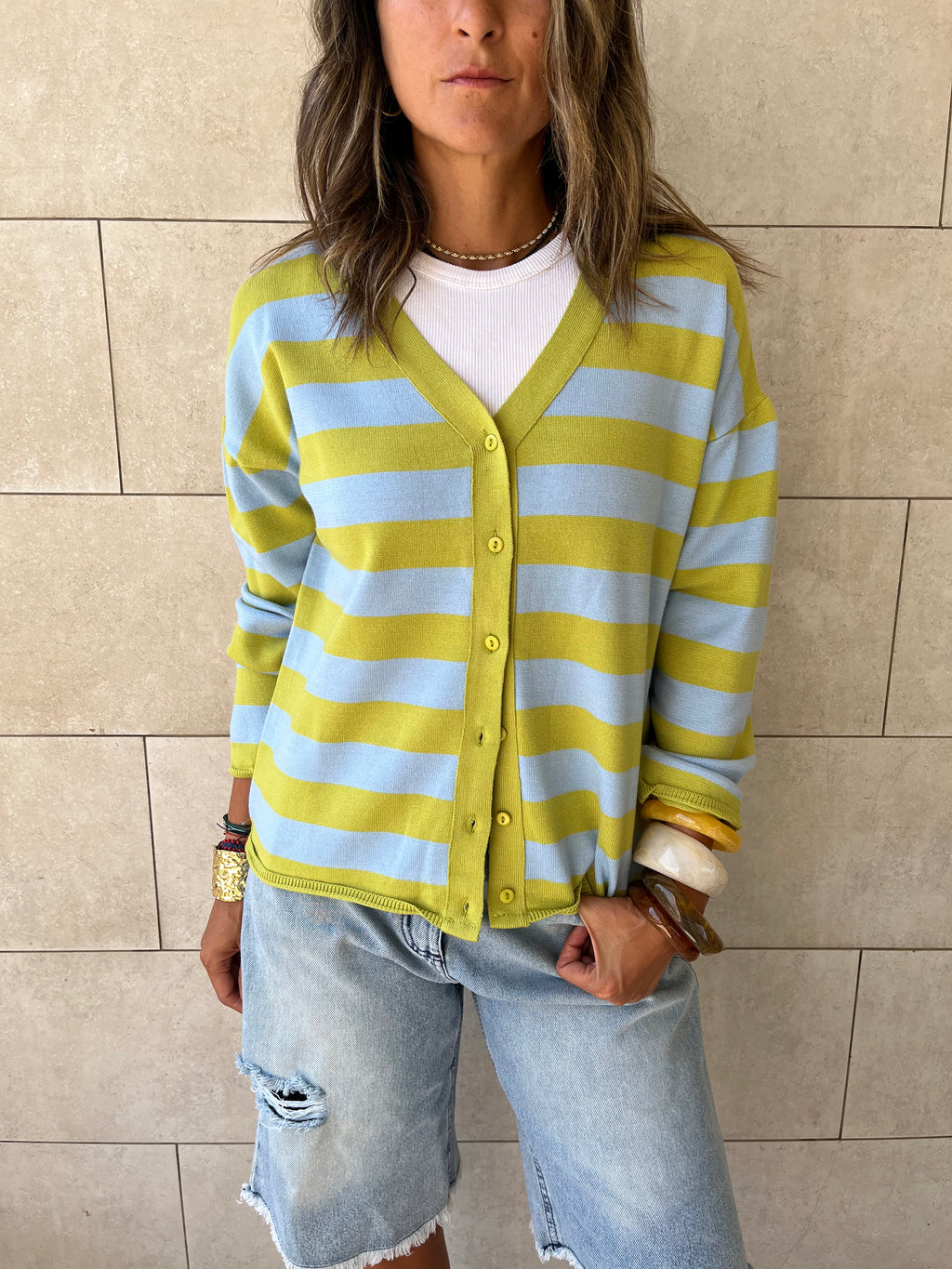 Lime Striped Everyday Light Knit Cardigan