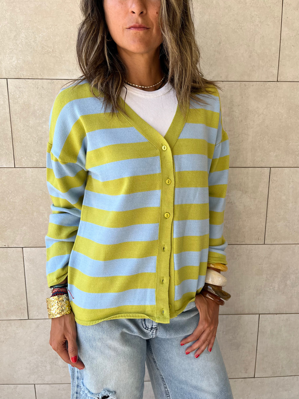 Lime Striped Everyday Light Knit Cardigan