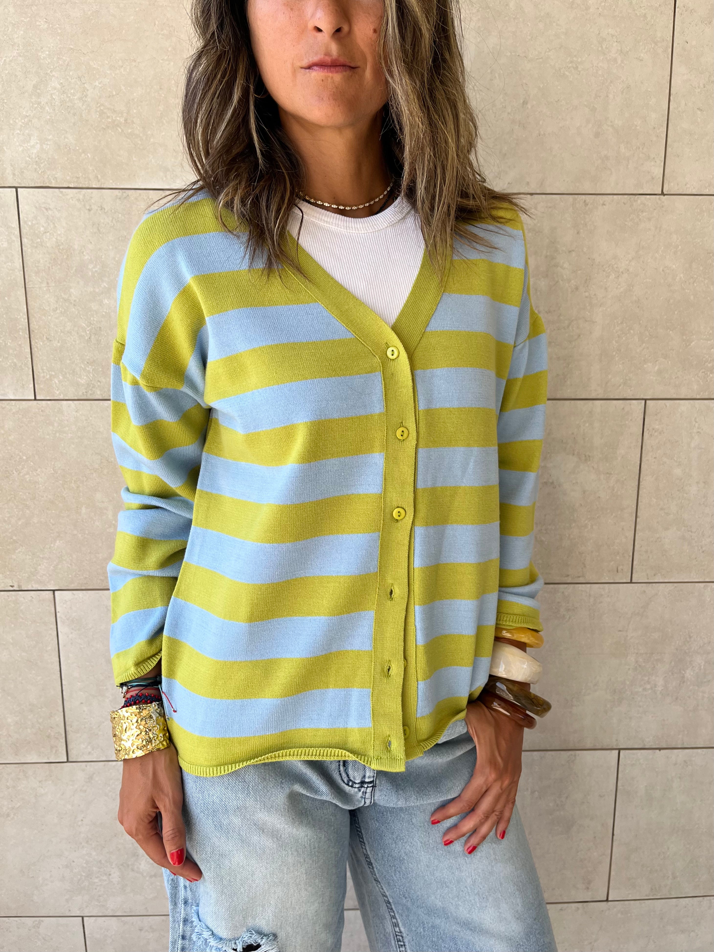 Lime Striped Everyday Light Knit Cardigan