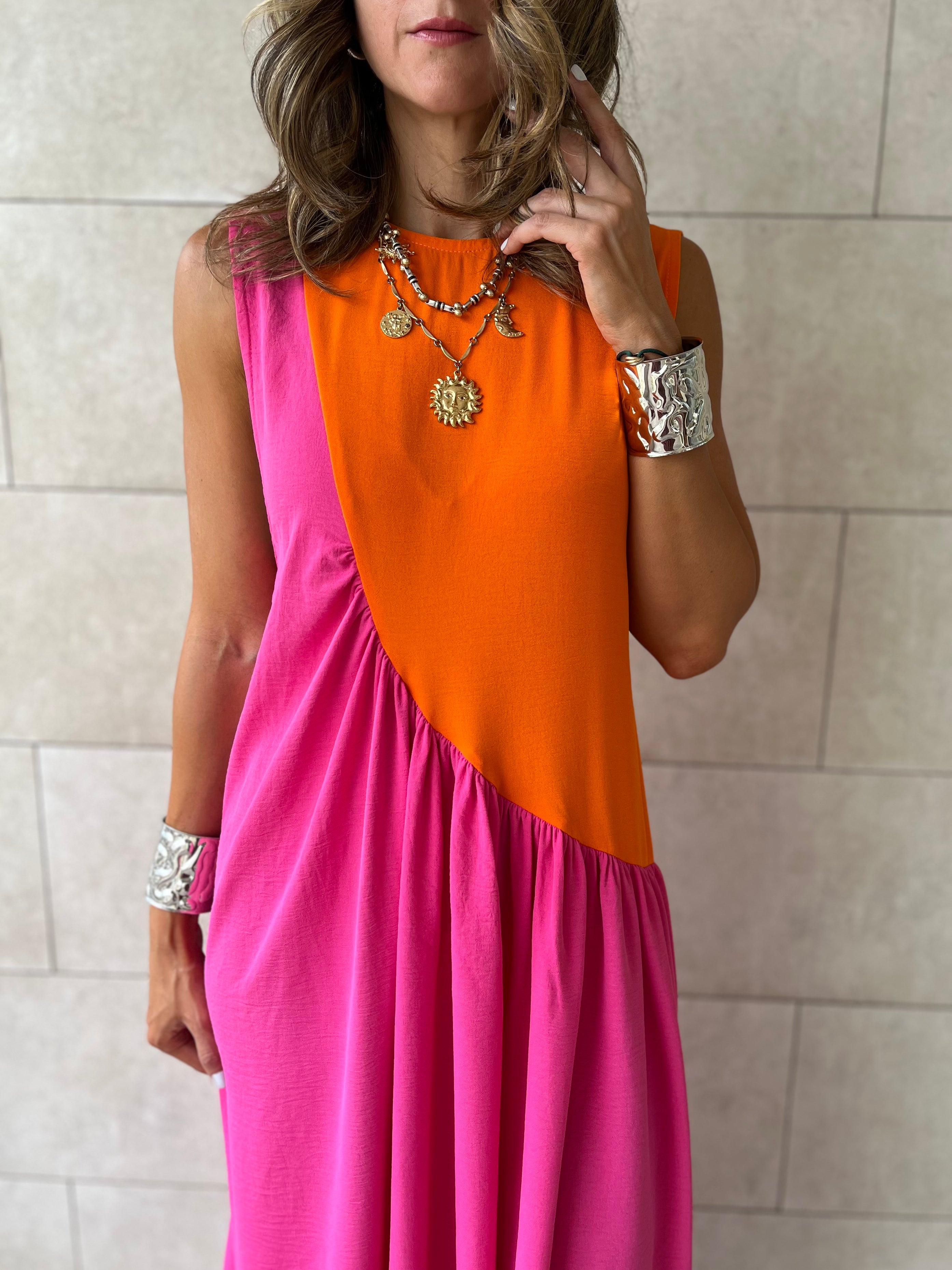 Orange & Fuchsia Double Life Linen Dress