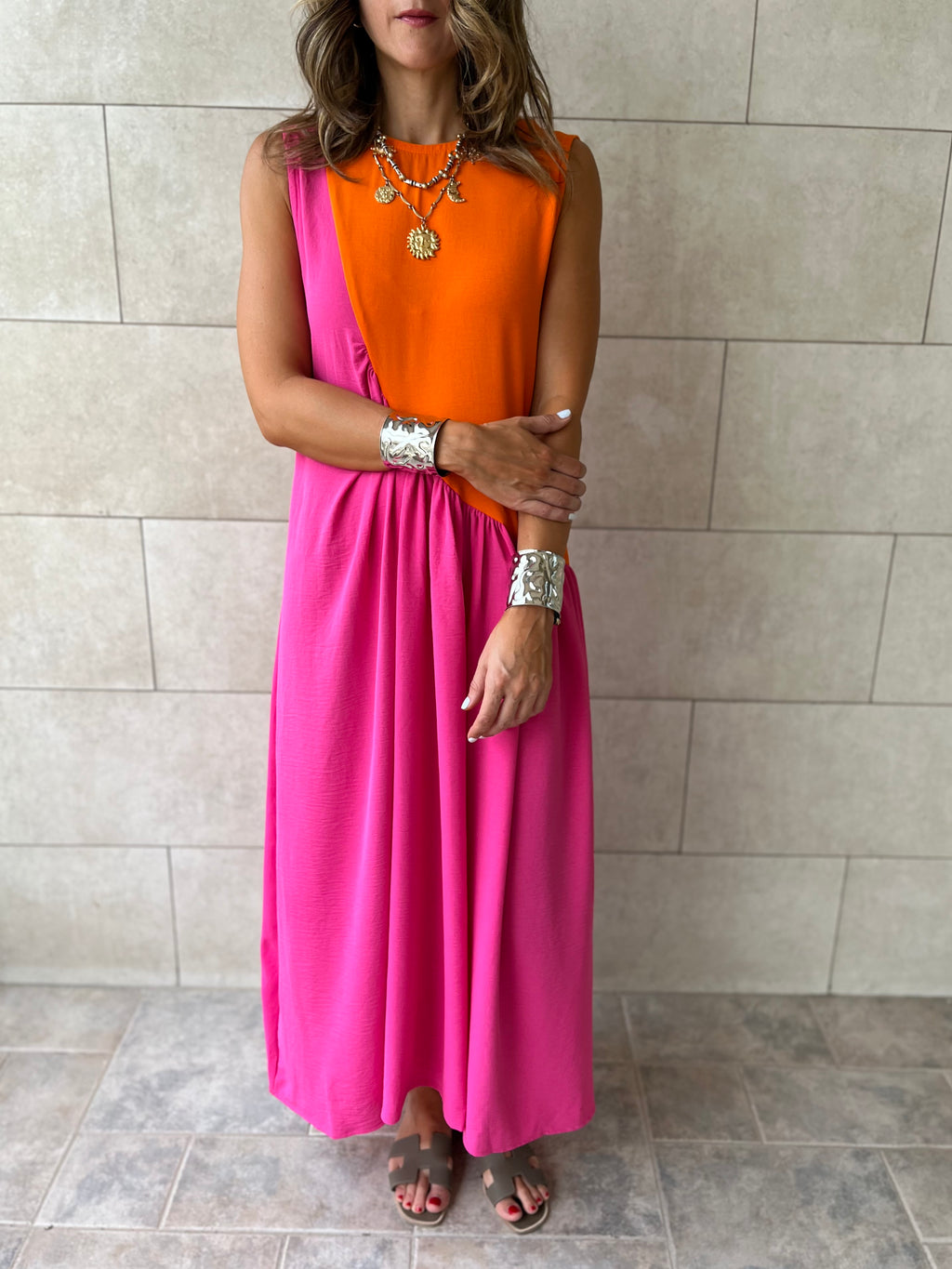 Orange & Fuchsia Double Life Linen Dress Frillu Orange & Fuchsia Double Life Linen Dress Frillu