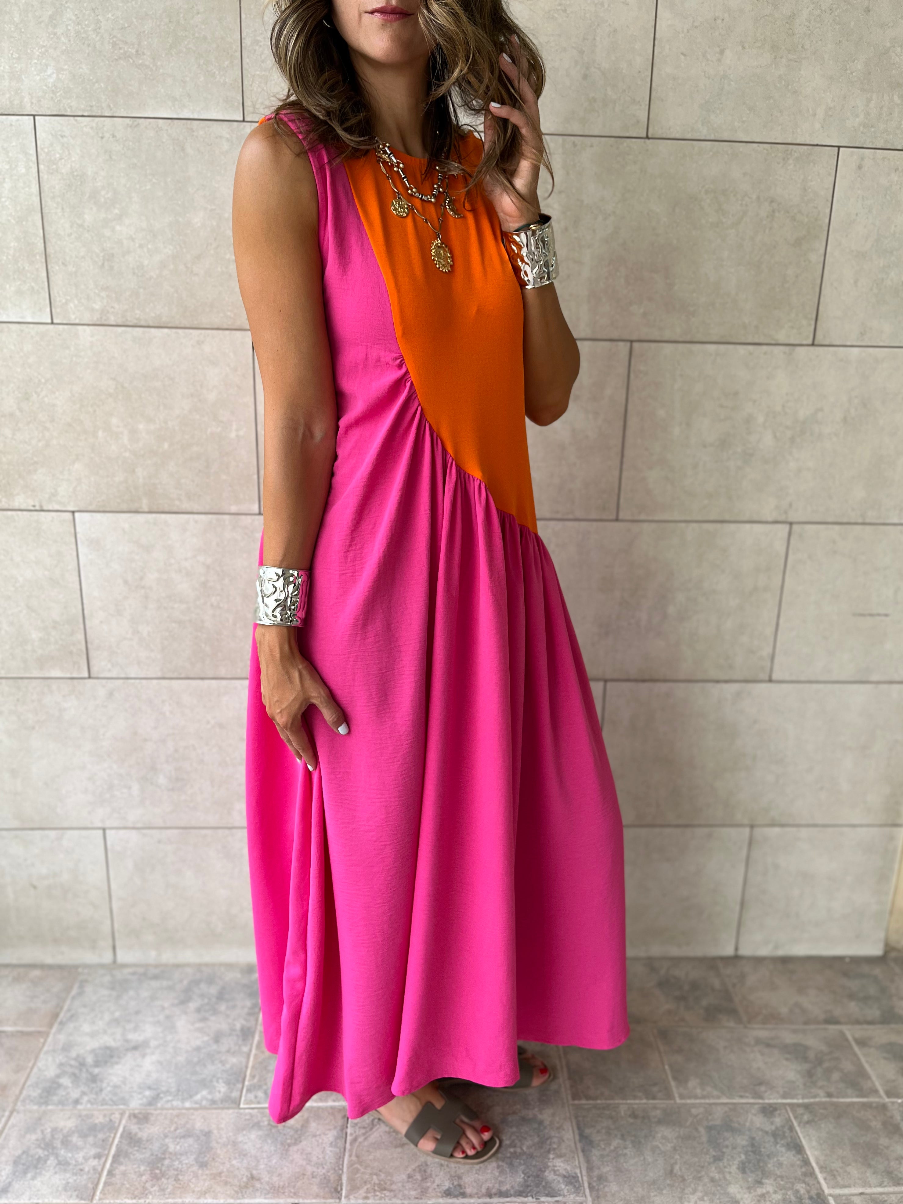 Orange & Fuchsia Double Life Linen Dress Frillu Orange & Fuchsia Double Life Linen Dress Frillu