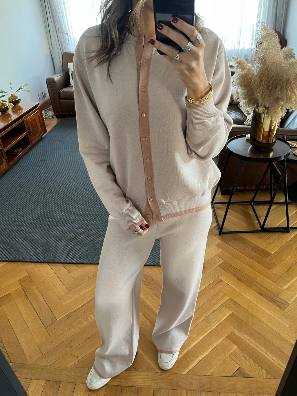 Beige Middle Line Button Knit Set