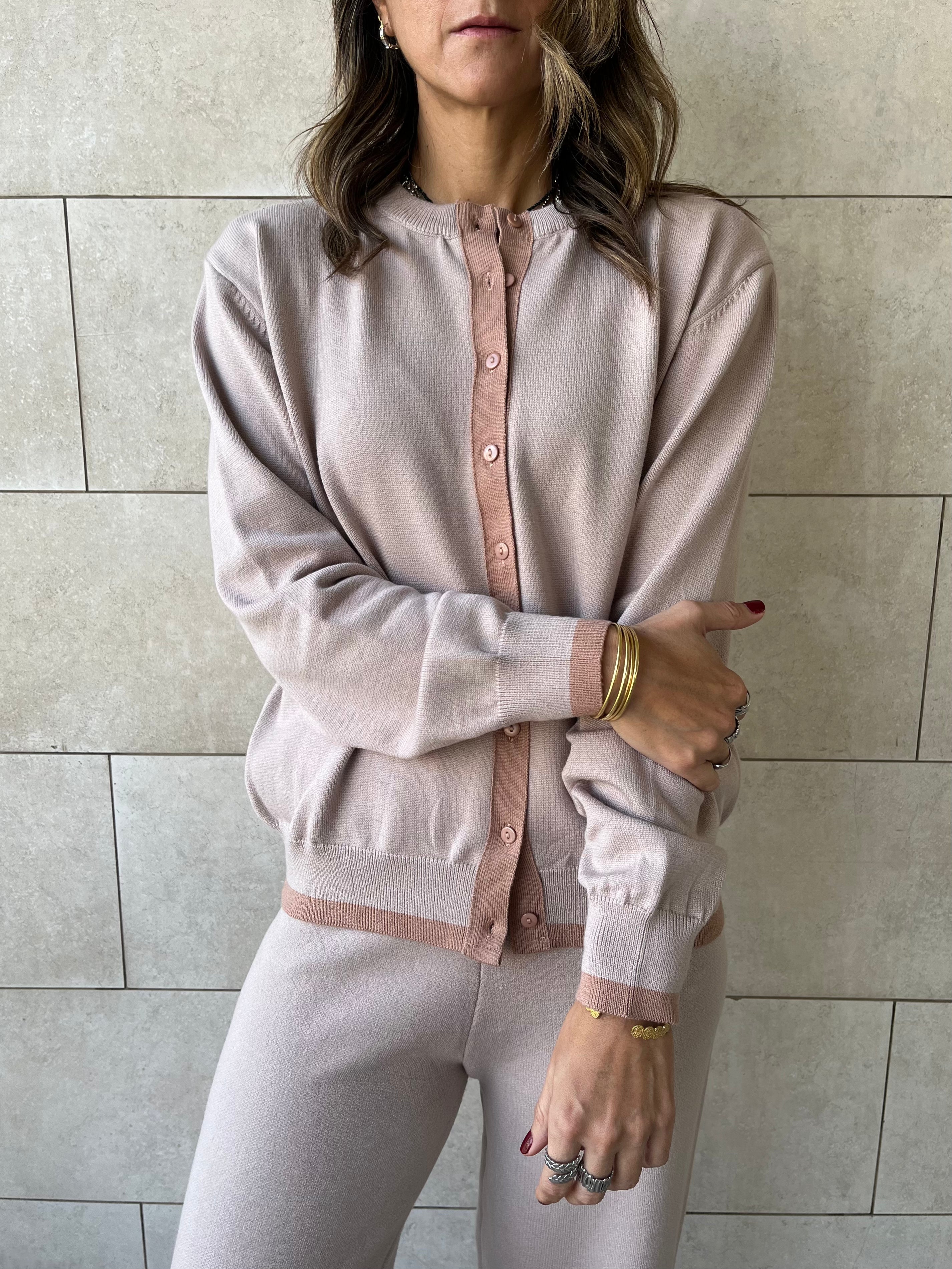 Beige Middle Line Button Knit Set