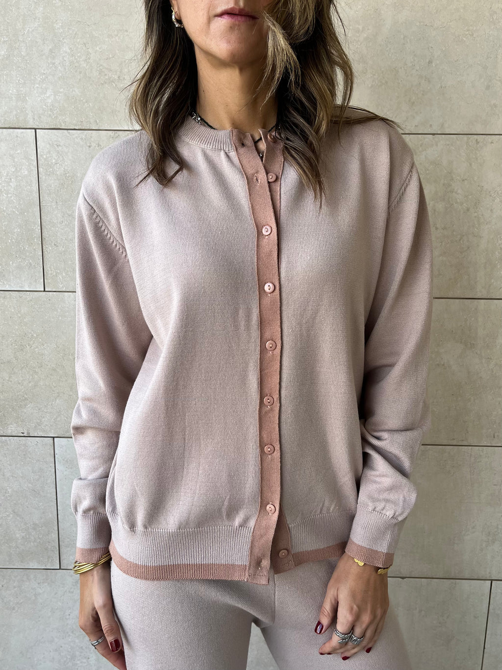 Beige Middle Line Button Knit Set