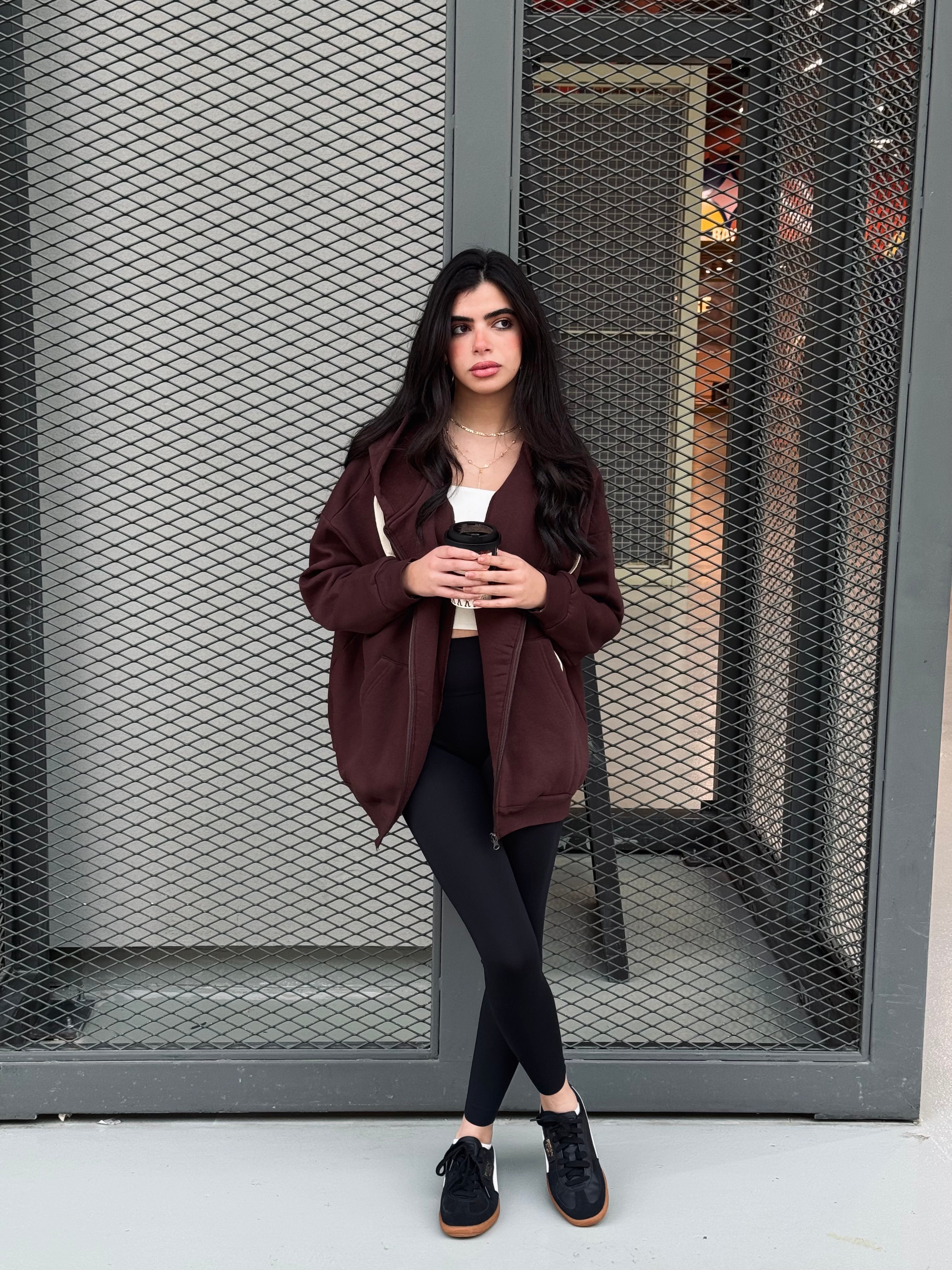 Brown Long Zip Up Hoodie