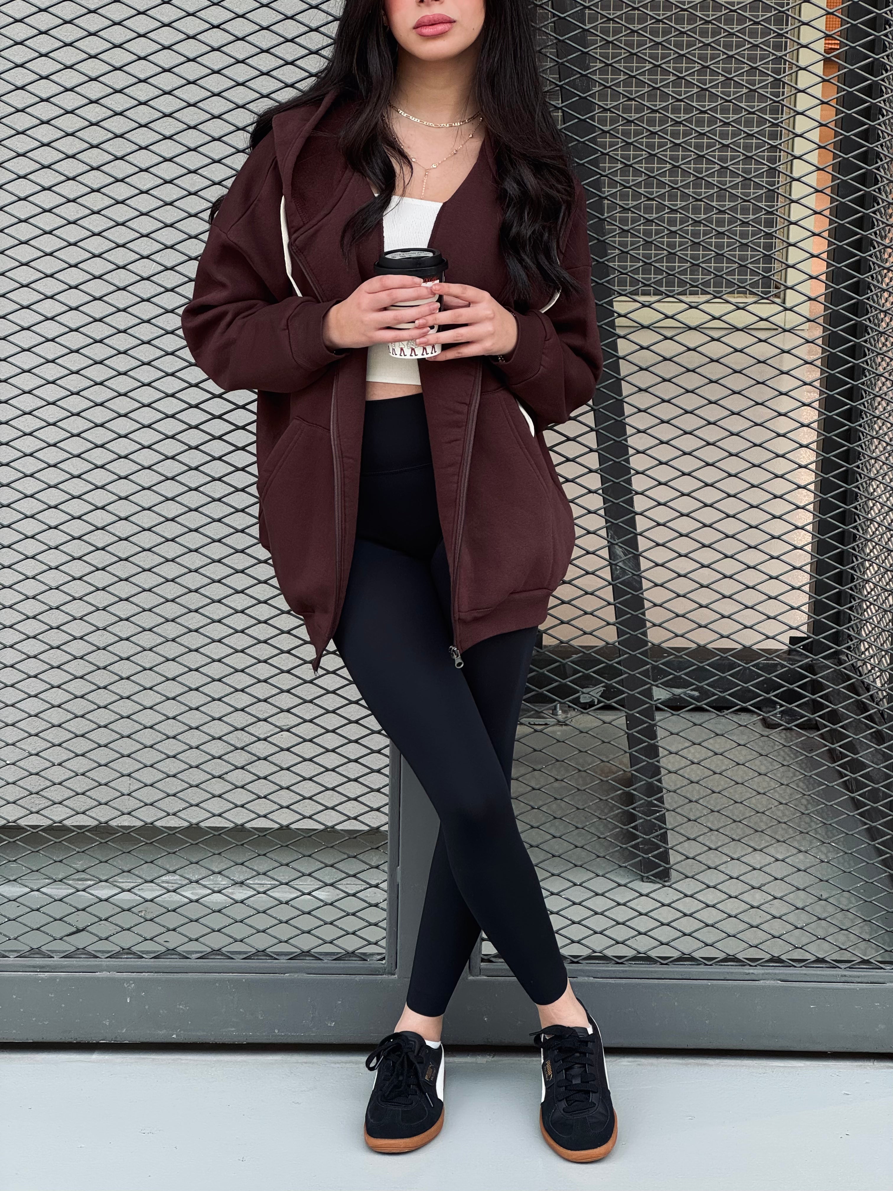 Brown Long Zip Up Hoodie