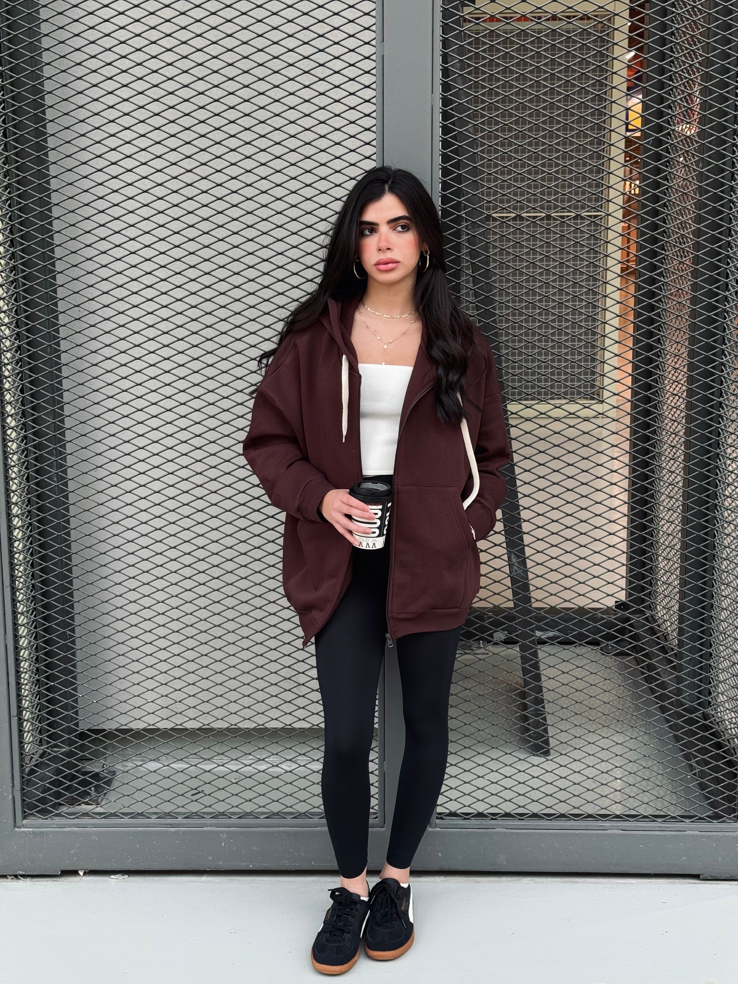 Brown Long Zip Up Hoodie