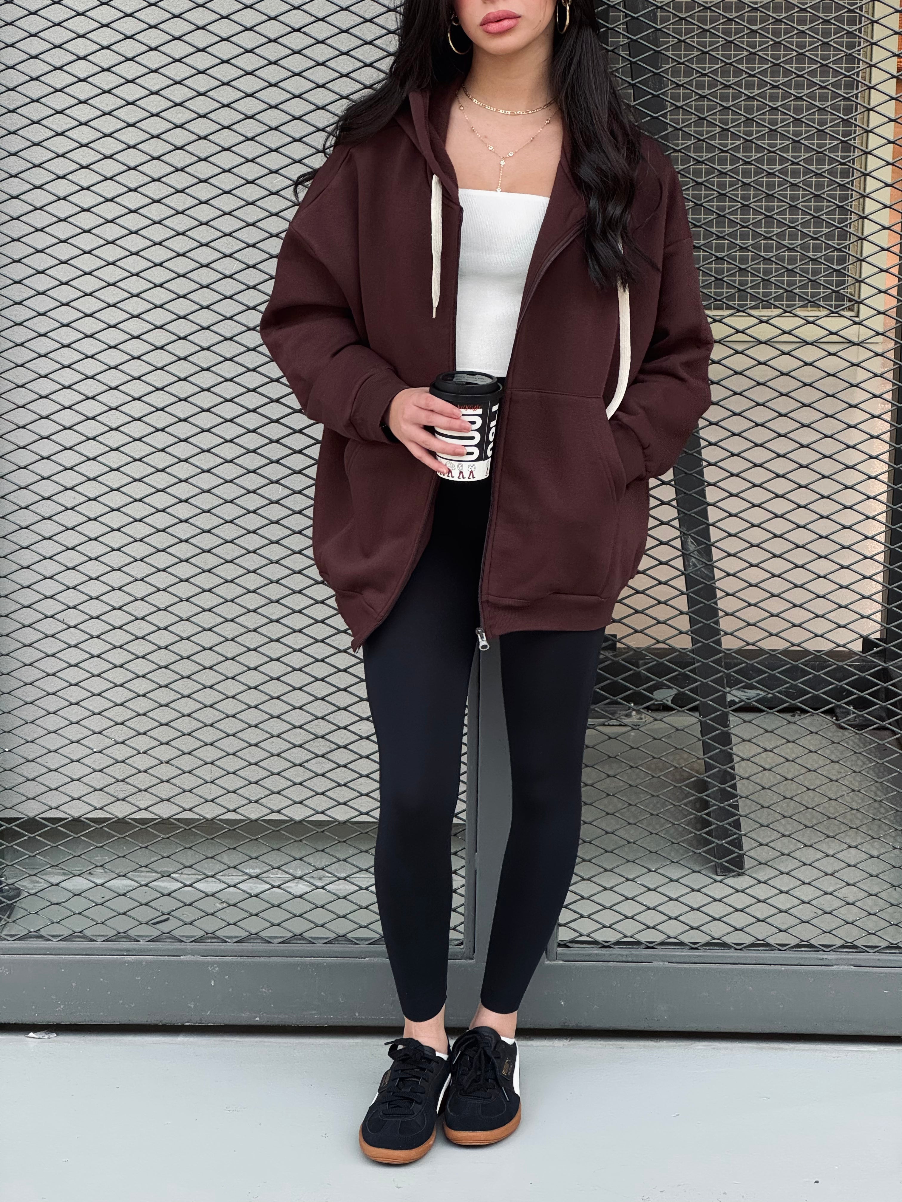 Brown Long Zip Up Hoodie
