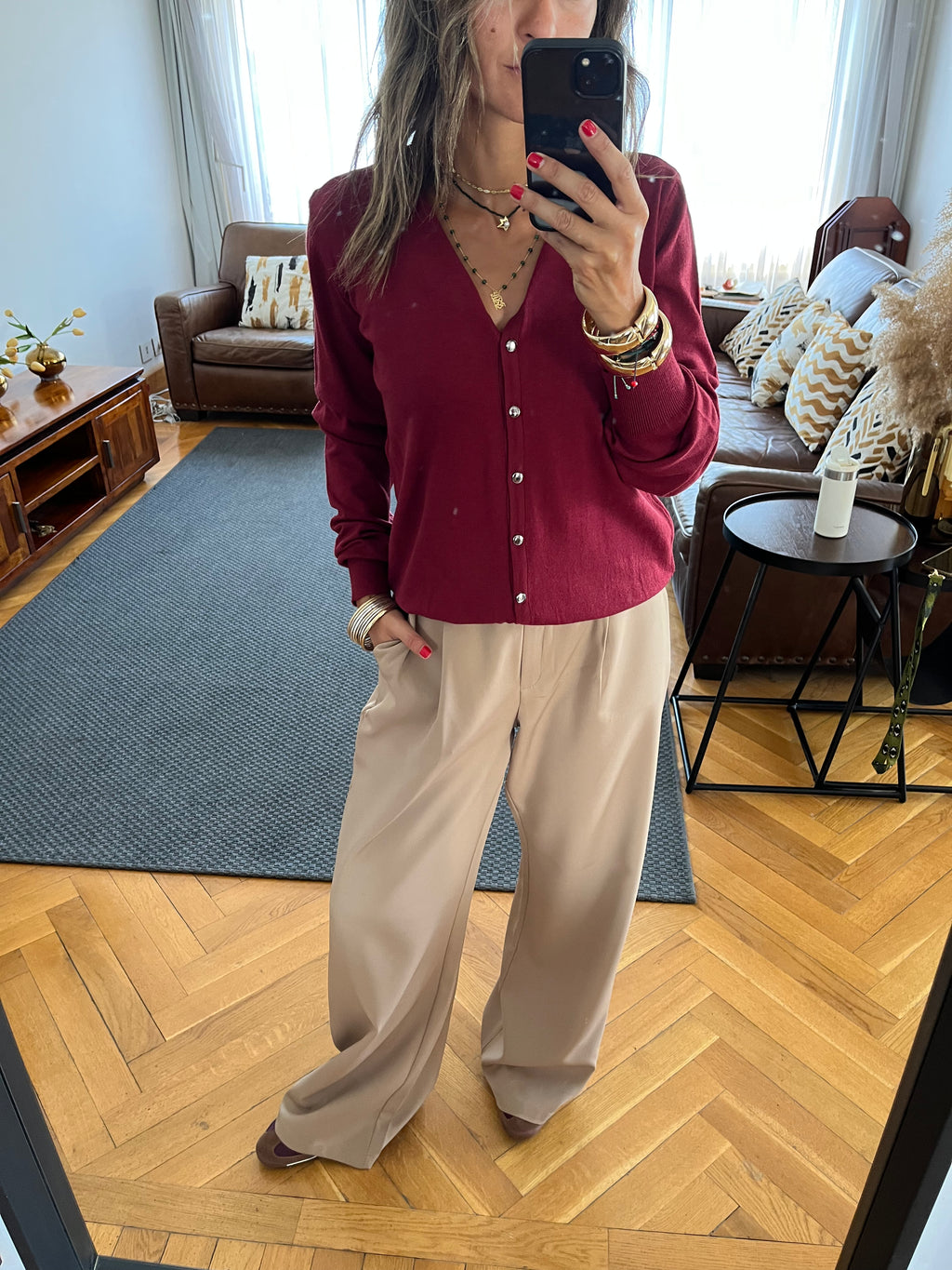 Burgundy Signature Button Knit Cardigan