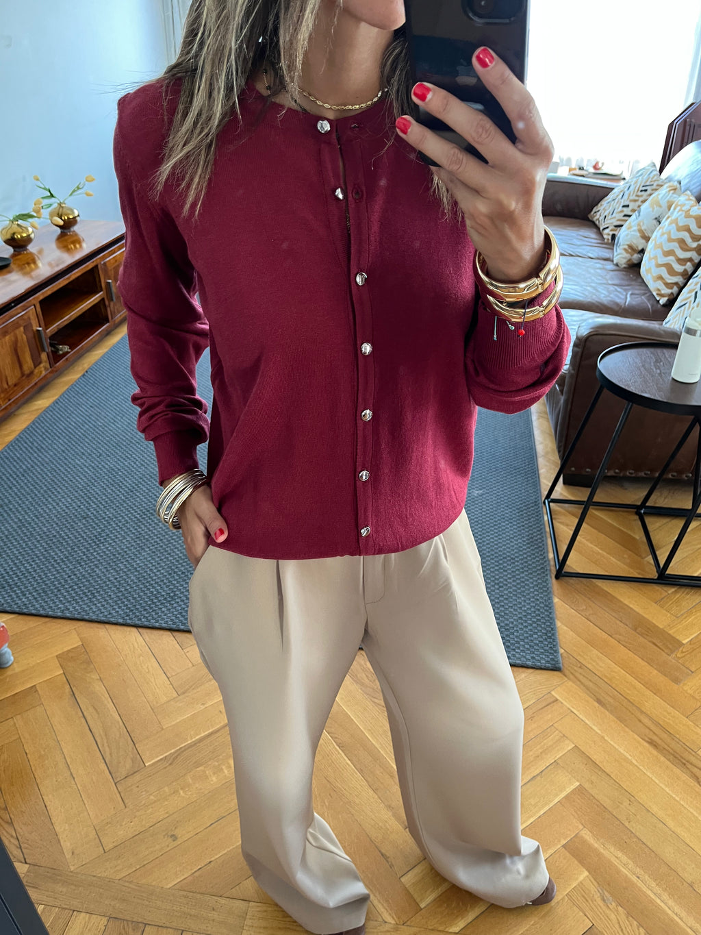 Burgundy Signature Button Knit Cardigan