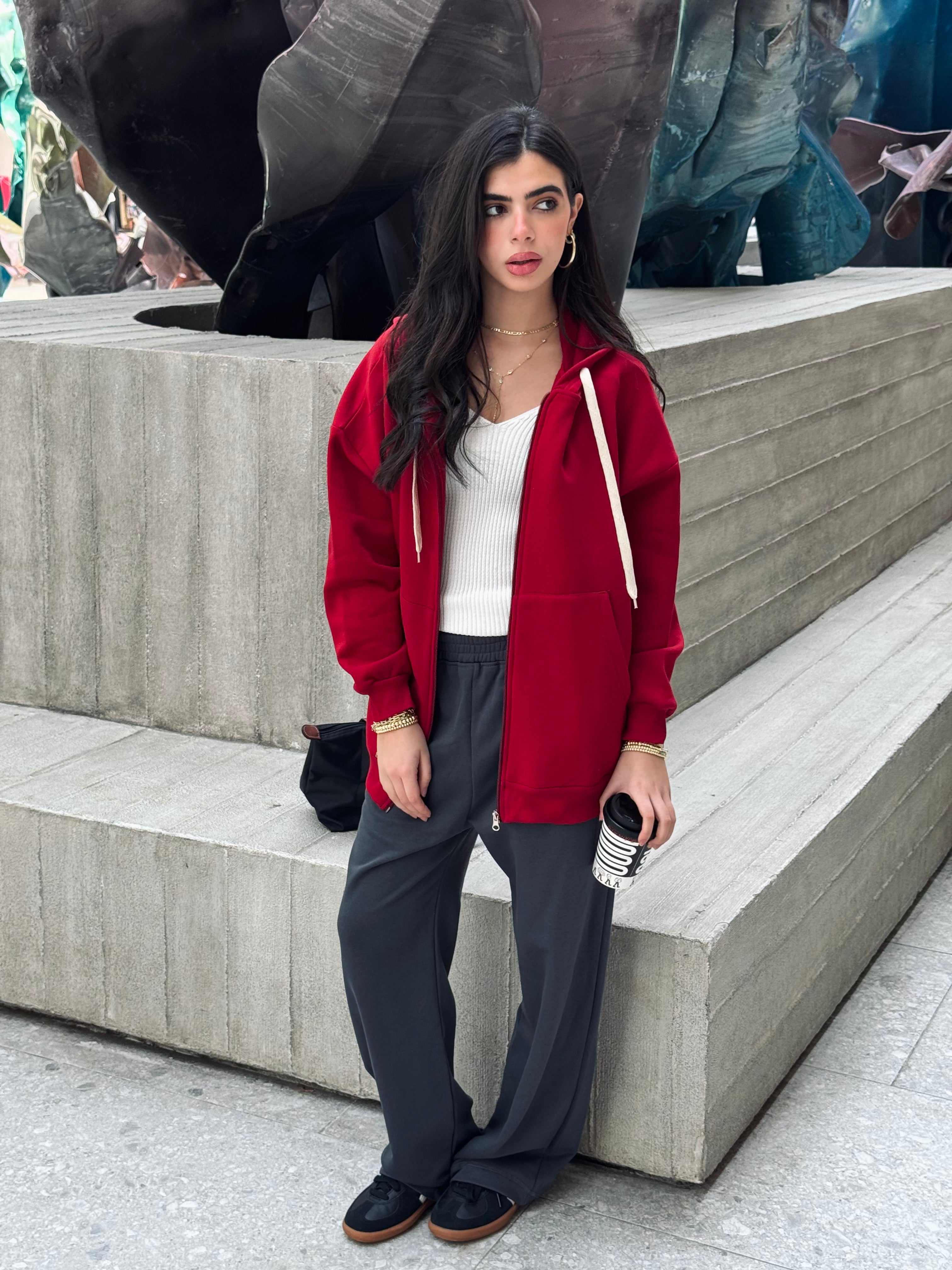 Burgundy Long Zip Up Hoodie