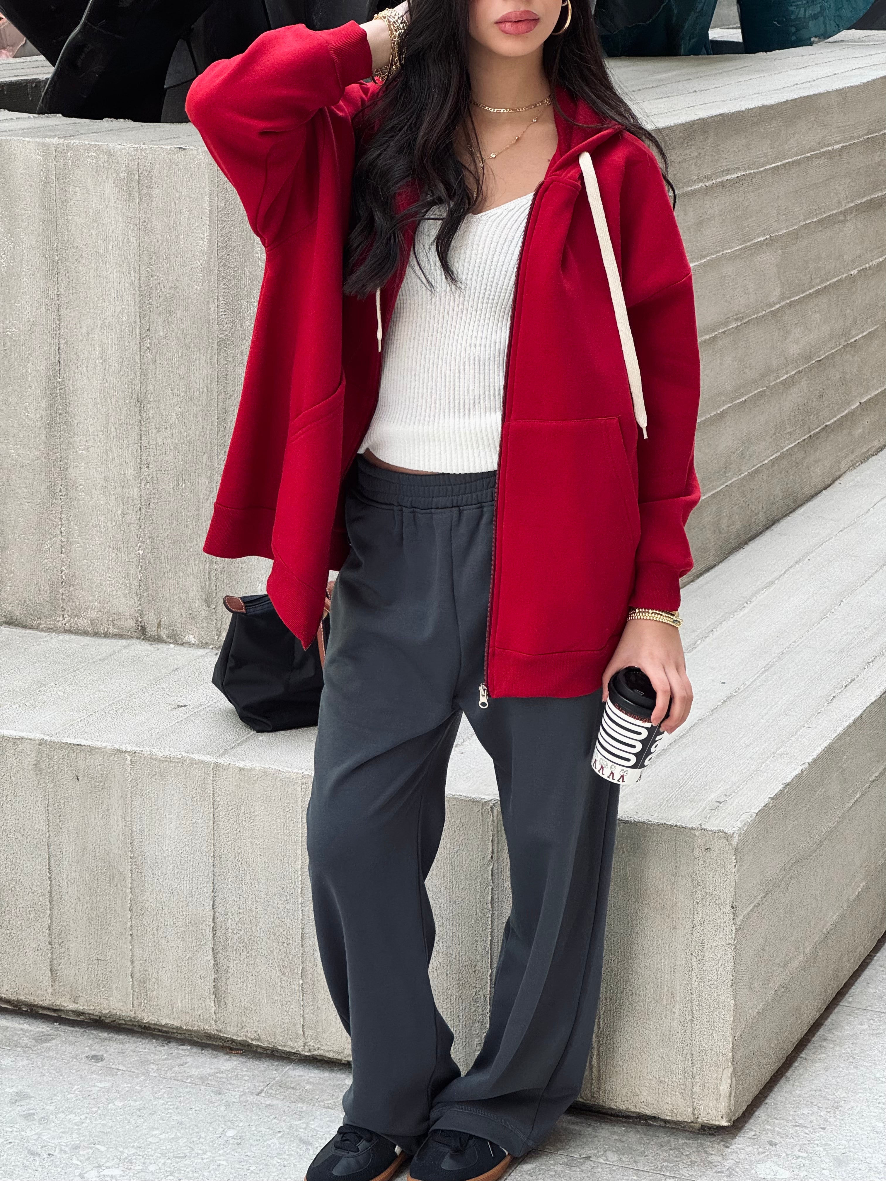 Burgundy Long Zip Up Hoodie