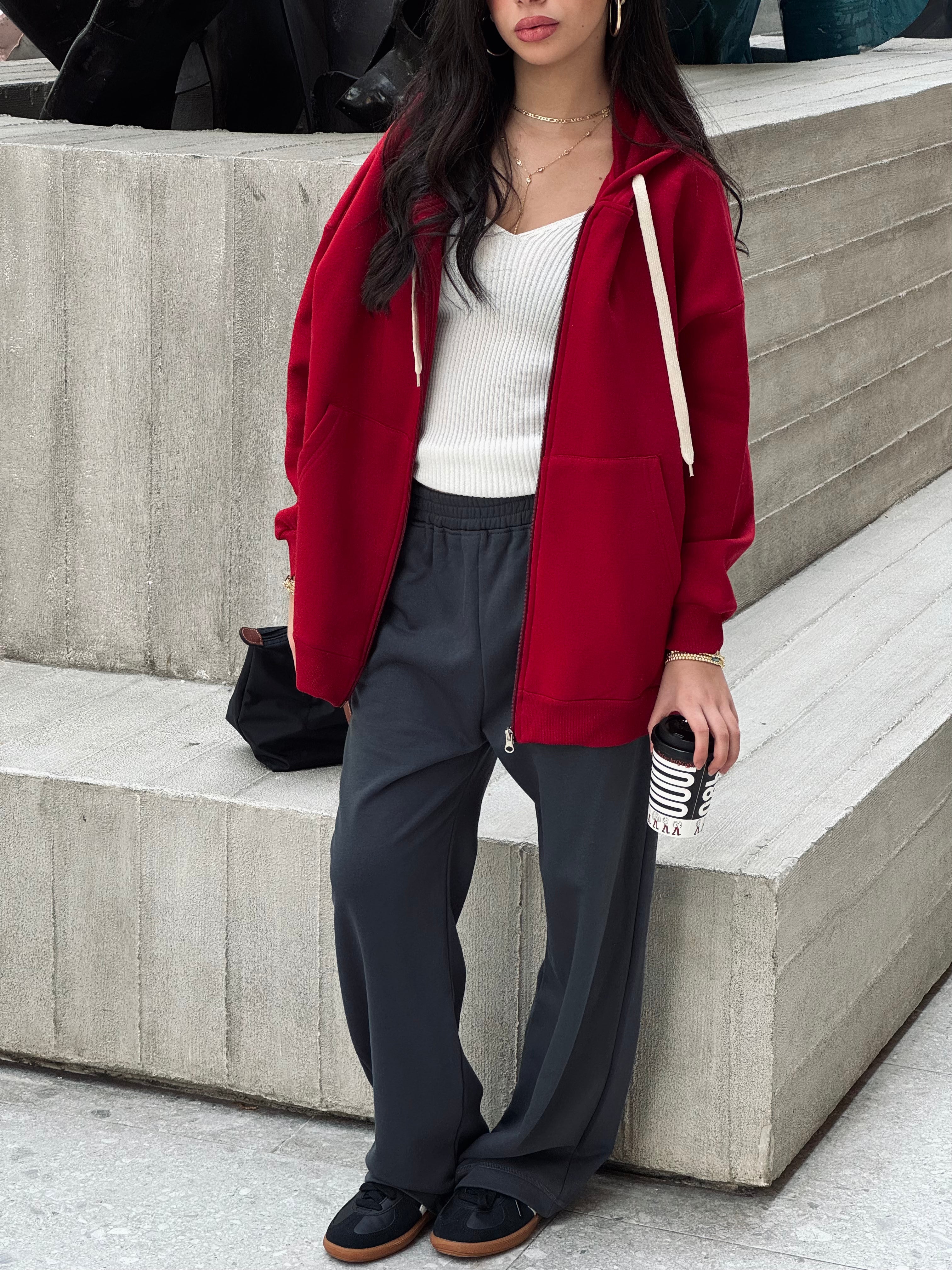 Burgundy Long Zip Up Hoodie