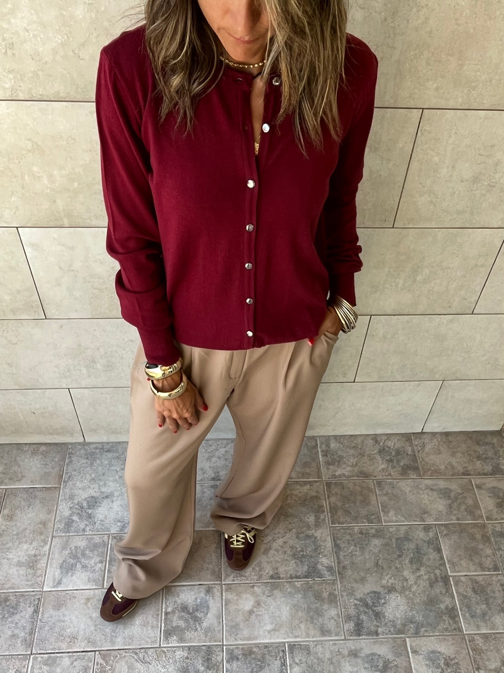 Burgundy Signature Button Knit Cardigan