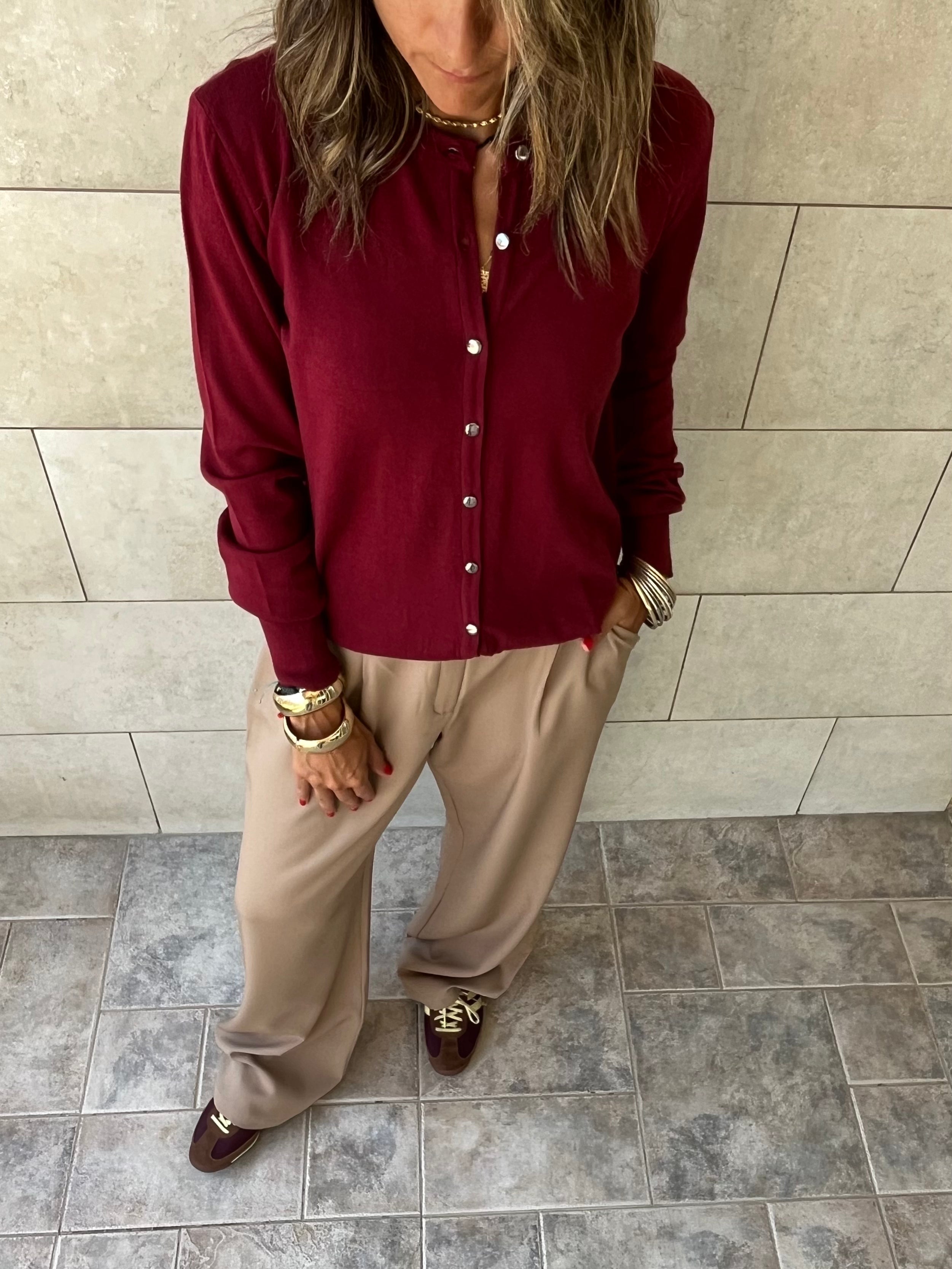 Burgundy Signature Button Knit Cardigan