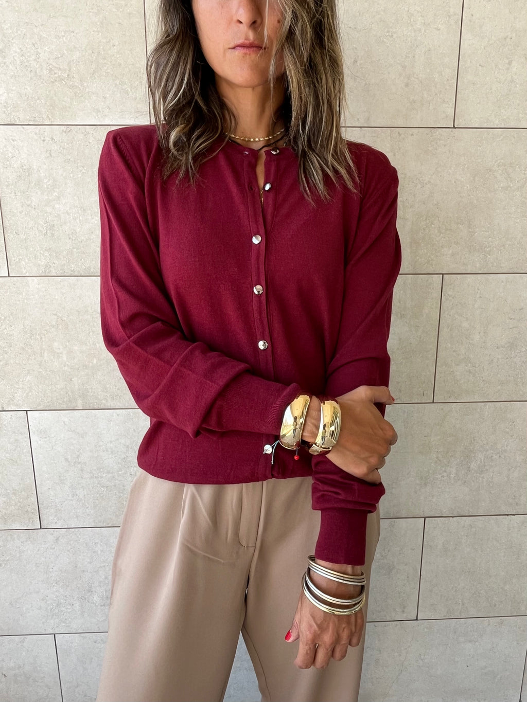 Burgundy Signature Button Knit Cardigan