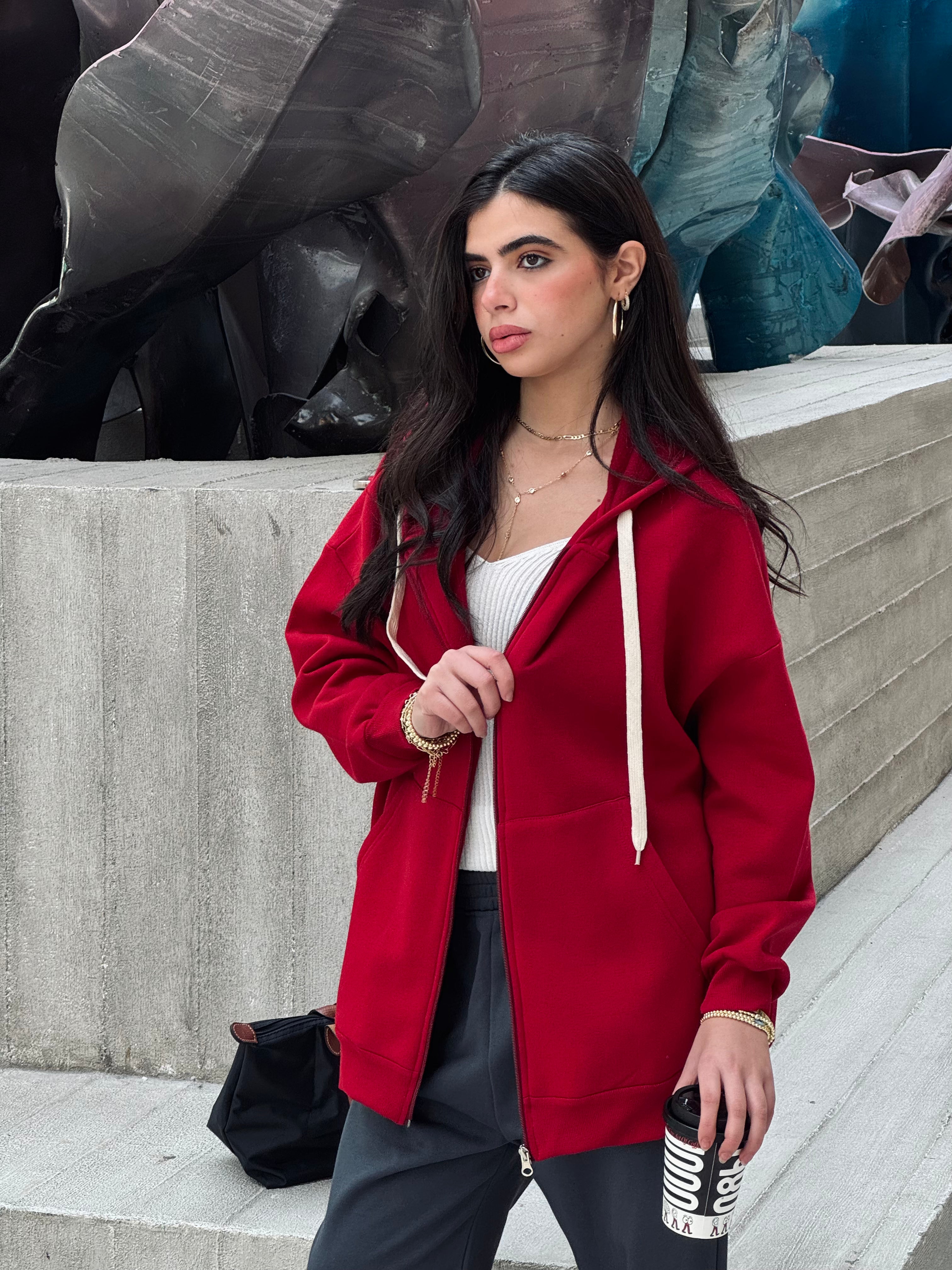 Burgundy Long Zip Up Hoodie