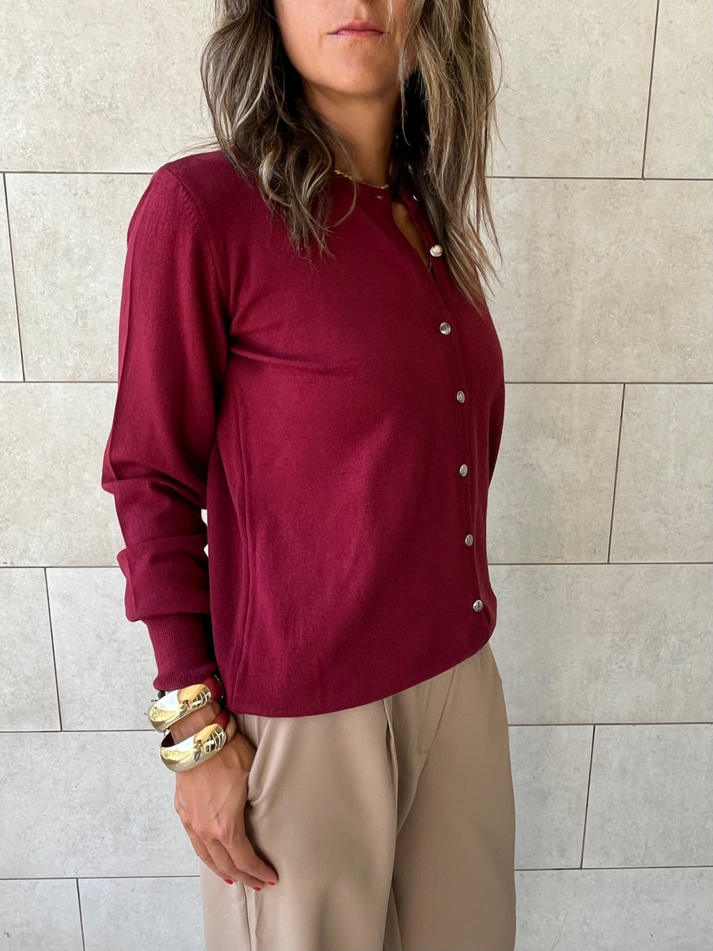 Burgundy Signature Button Knit Cardigan