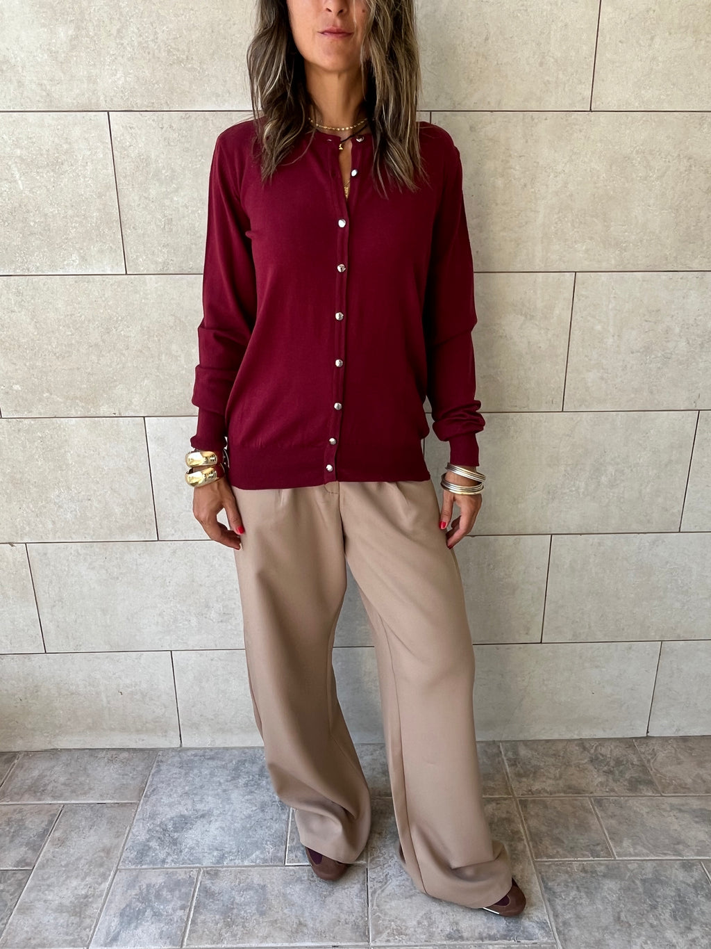 Burgundy Signature Button Knit Cardigan