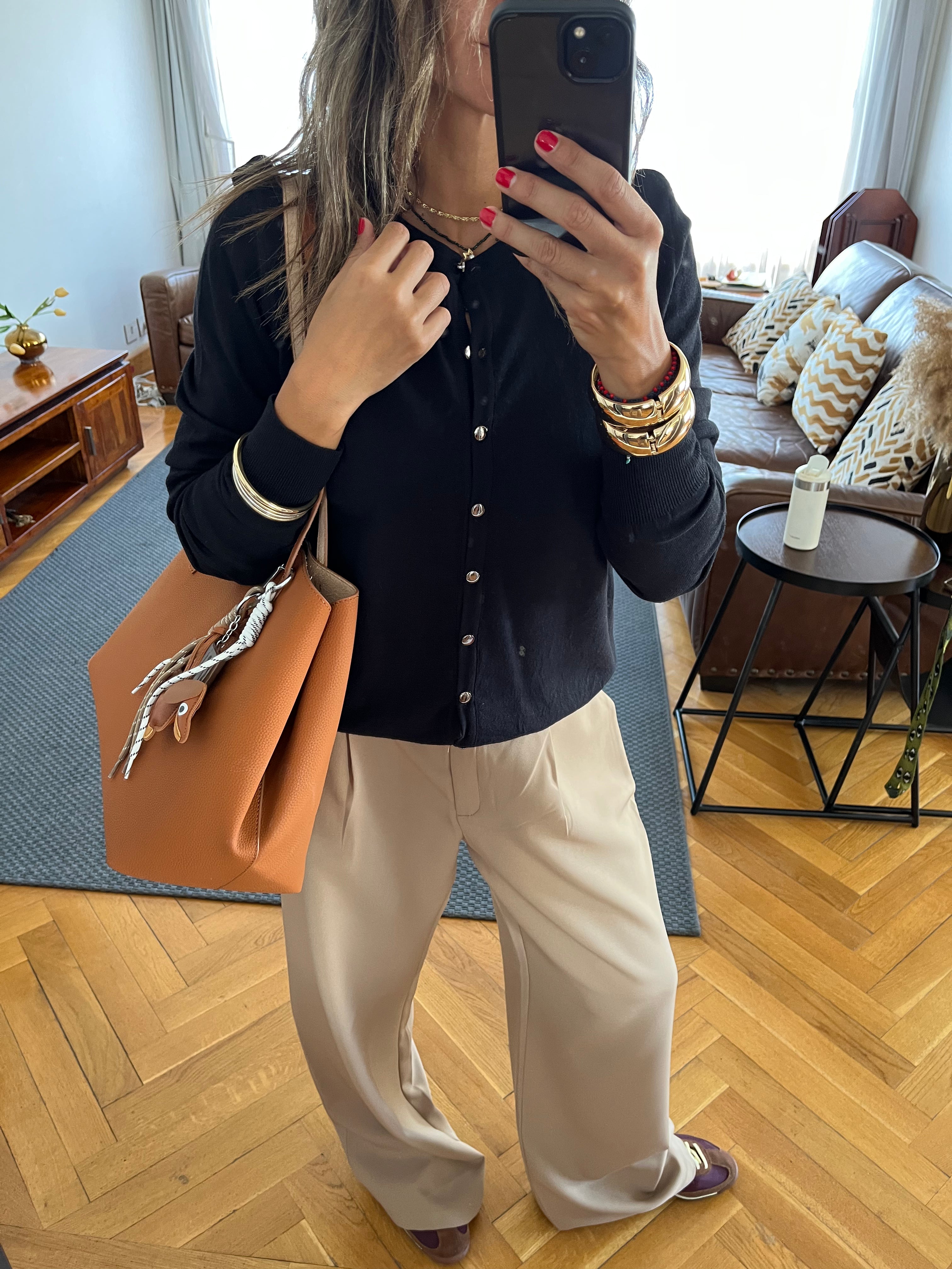 Black Signature Button Knit Cardigan