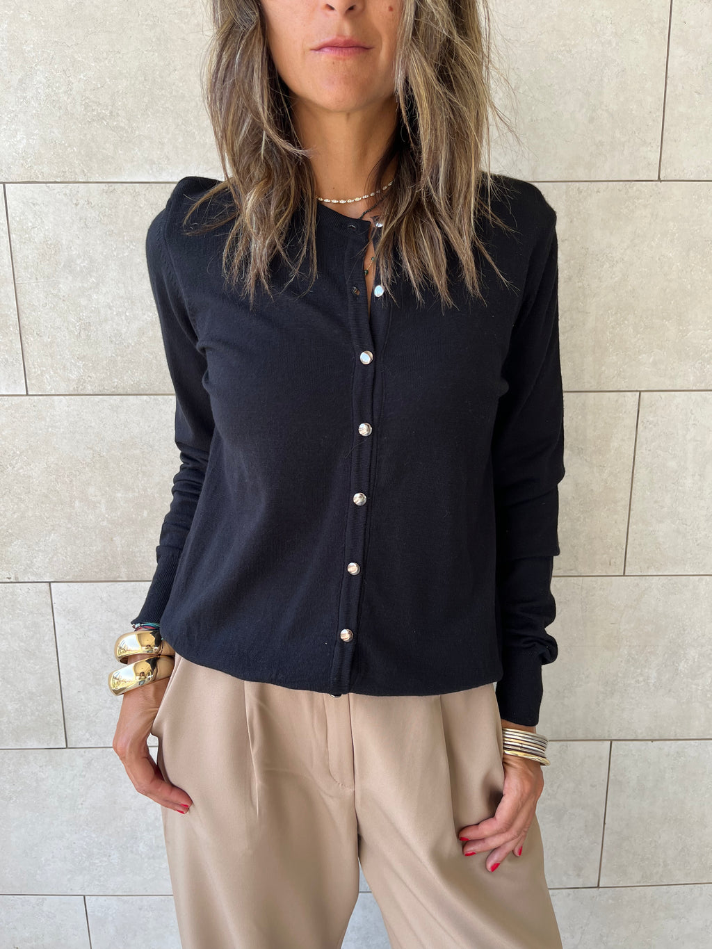 Black Signature Button Knit Cardigan