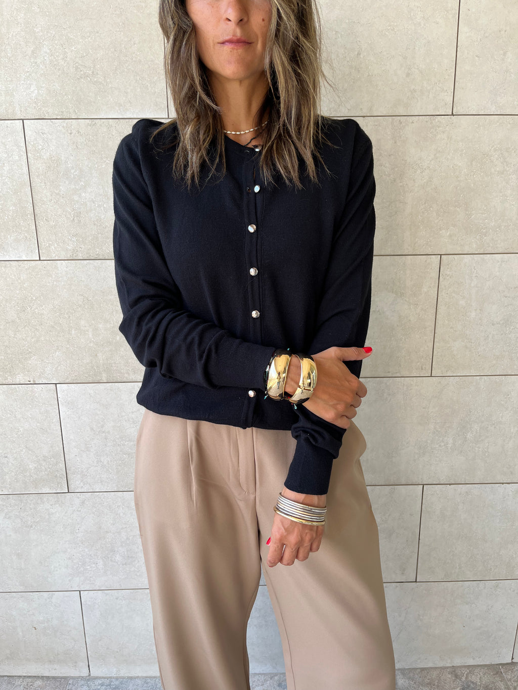 Black Signature Button Knit Cardigan