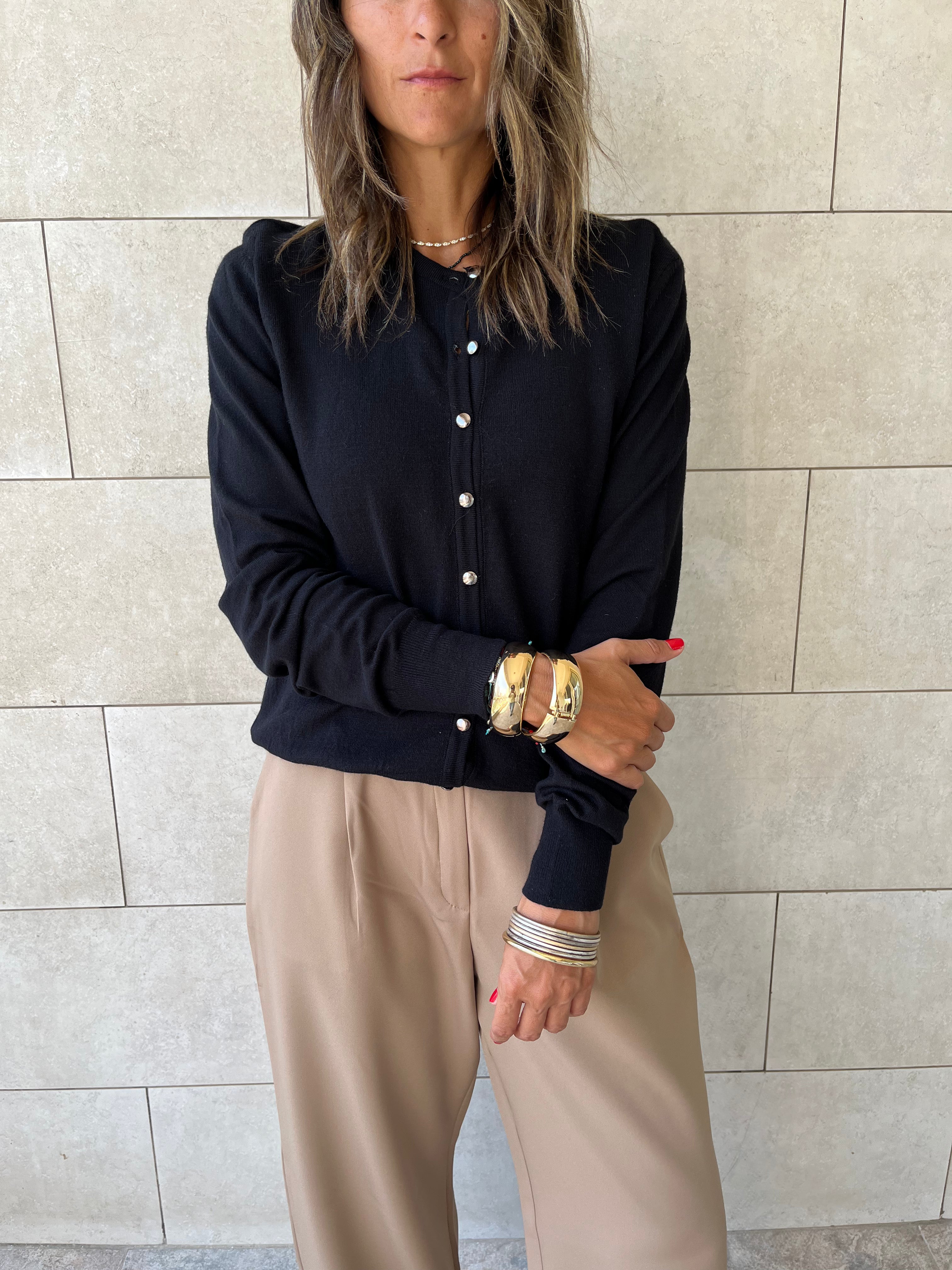 Black Signature Button Knit Cardigan