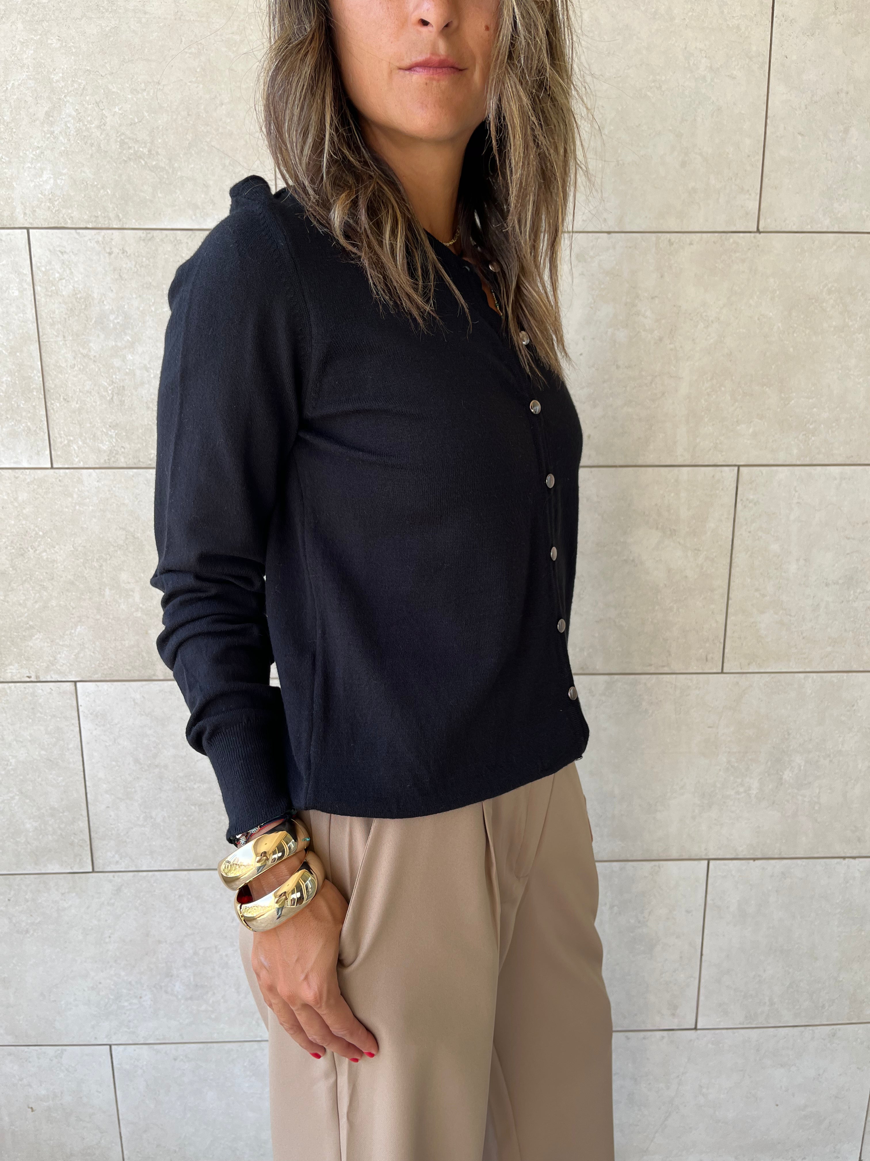 Black Signature Button Knit Cardigan
