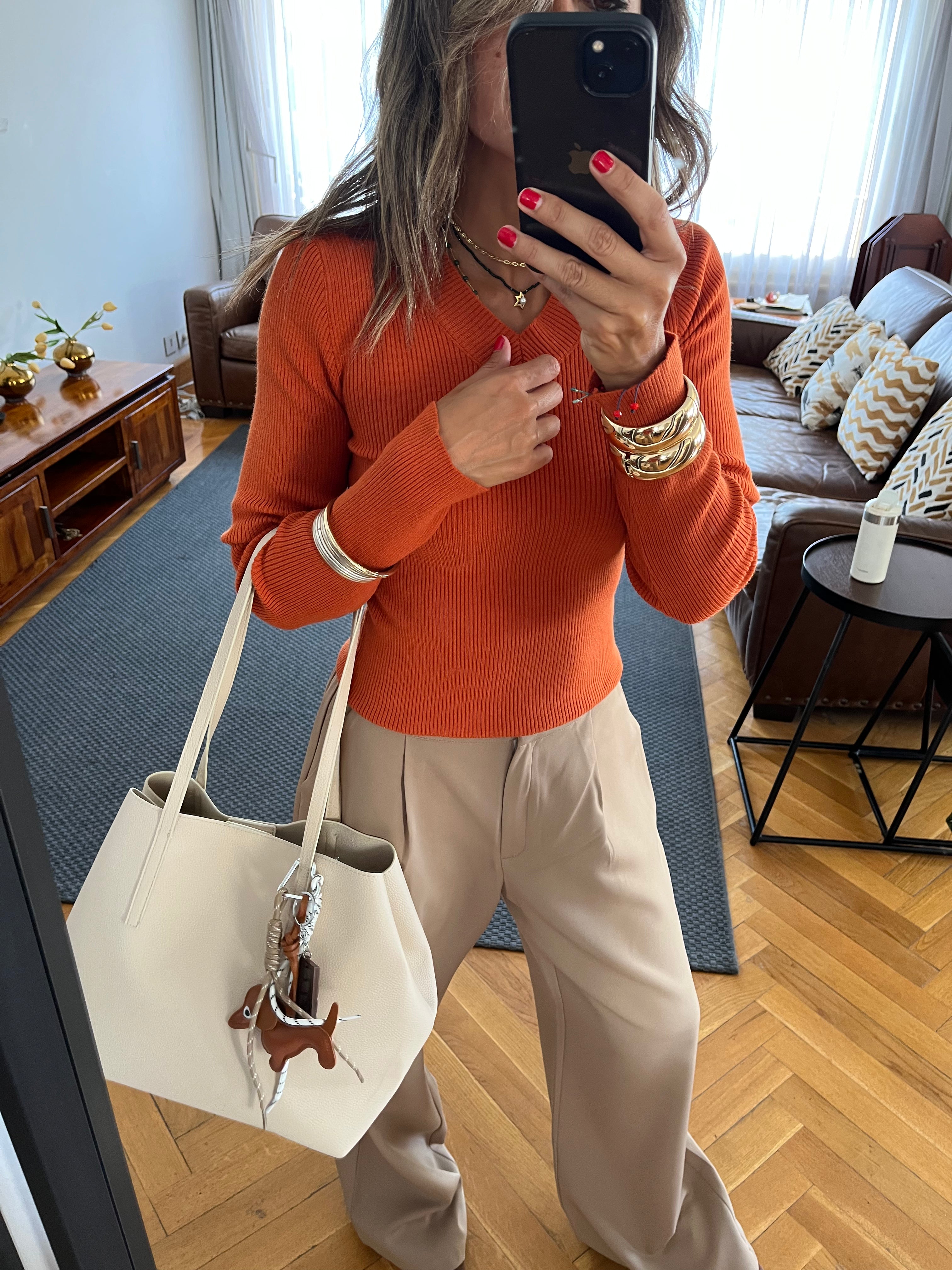 Rust V-Neck Contour Elevated Pullover