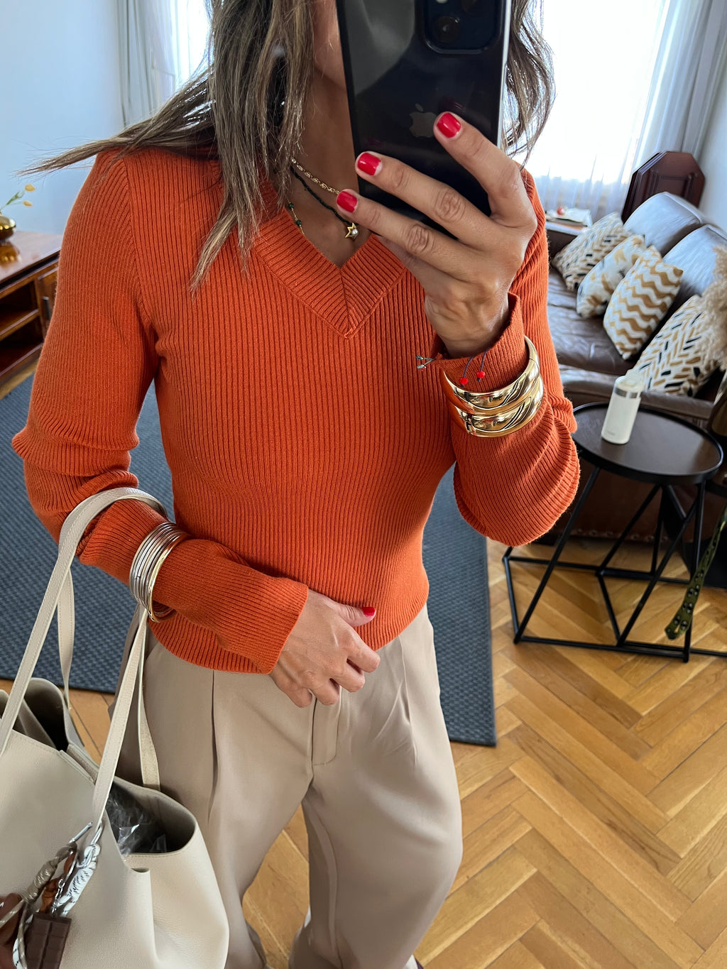 Rust V-Neck Contour Elevated Pullover