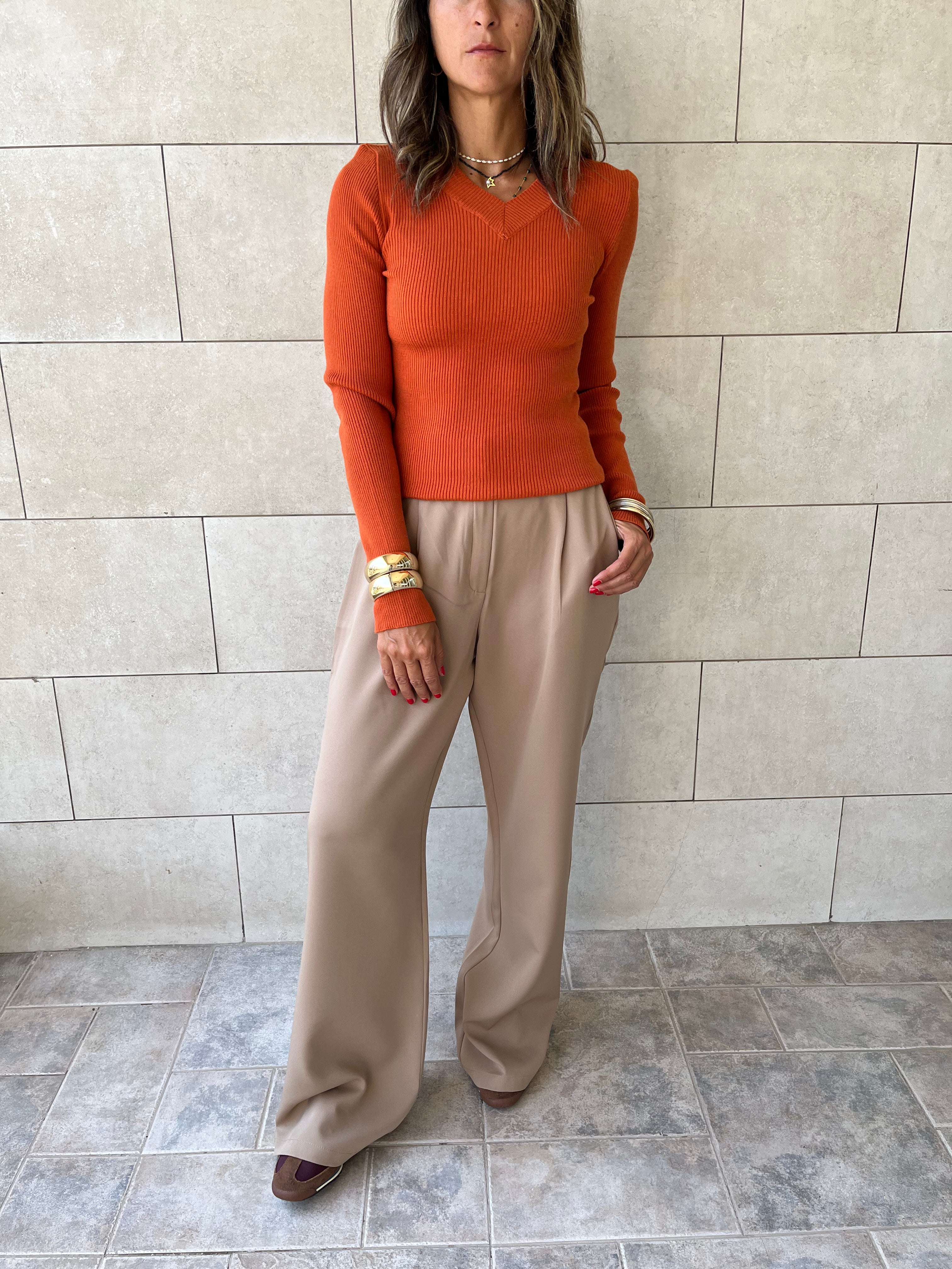 Rust V-Neck Contour Elevated Pullover