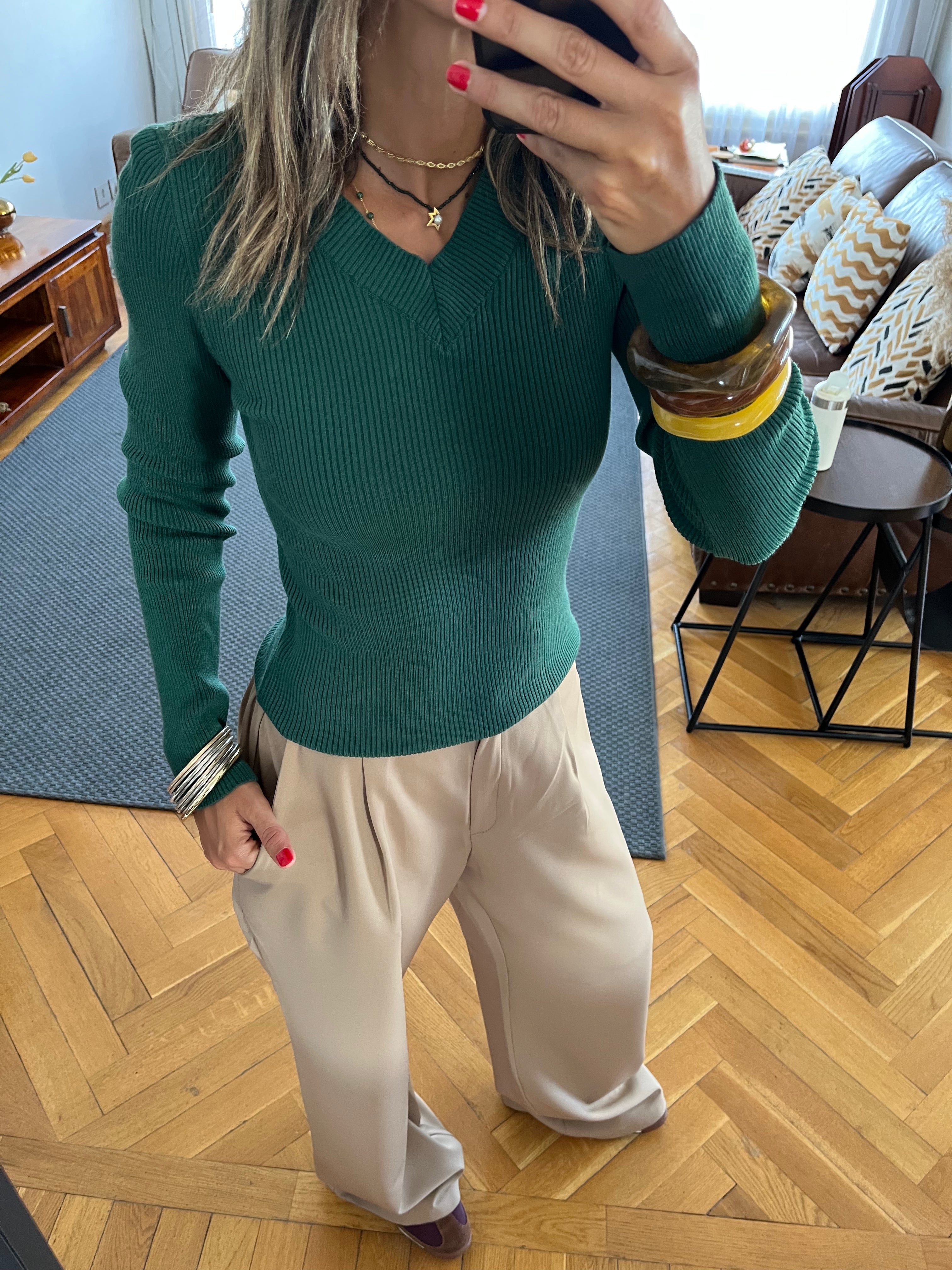 Teal V-Neck Contour Elevated Pullover