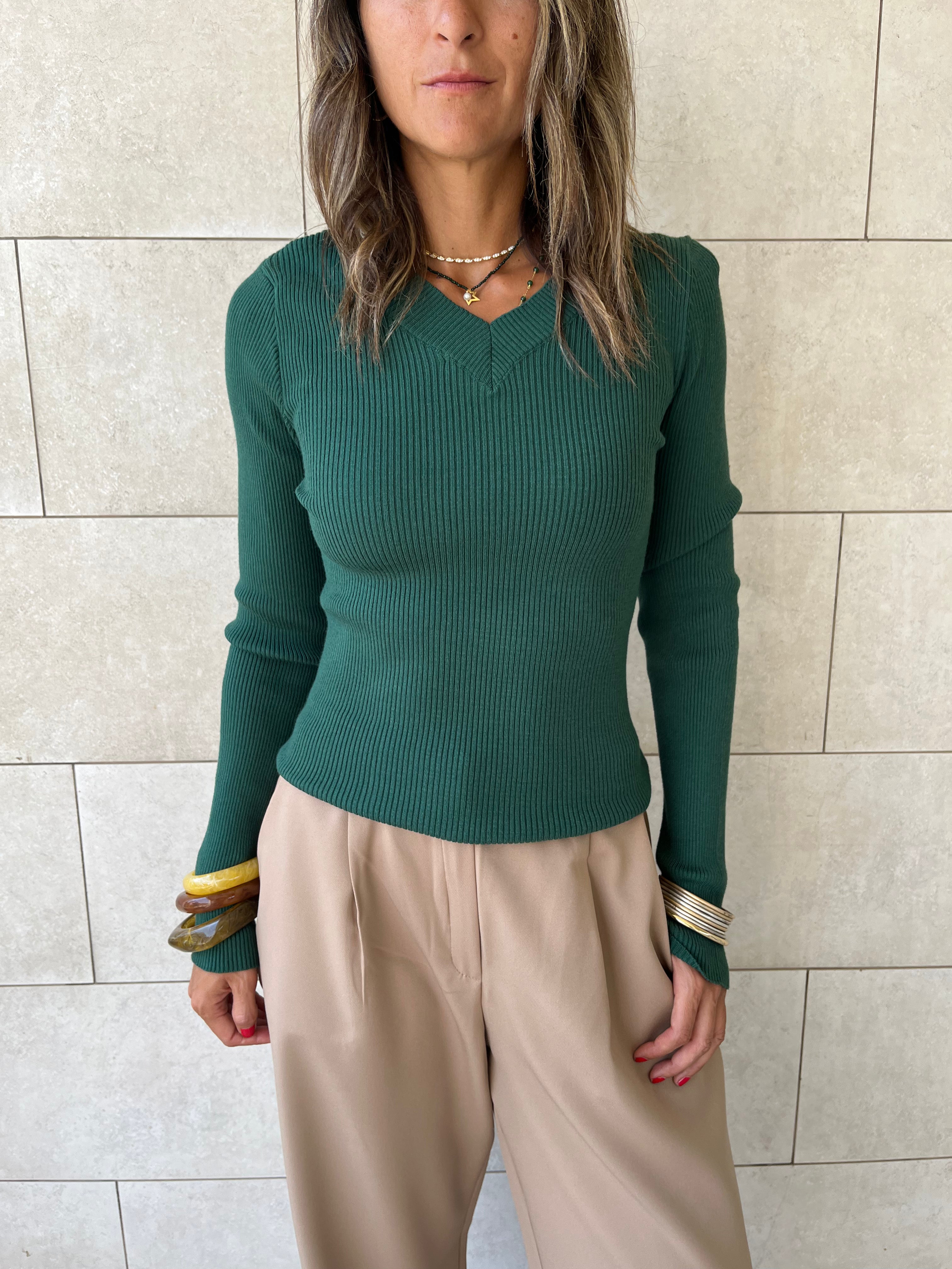 Teal V-Neck Contour Elevated Pullover