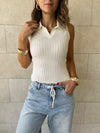 White Sleeveless Polo Collar Top