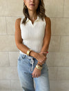 White Sleeveless Polo Collar Top