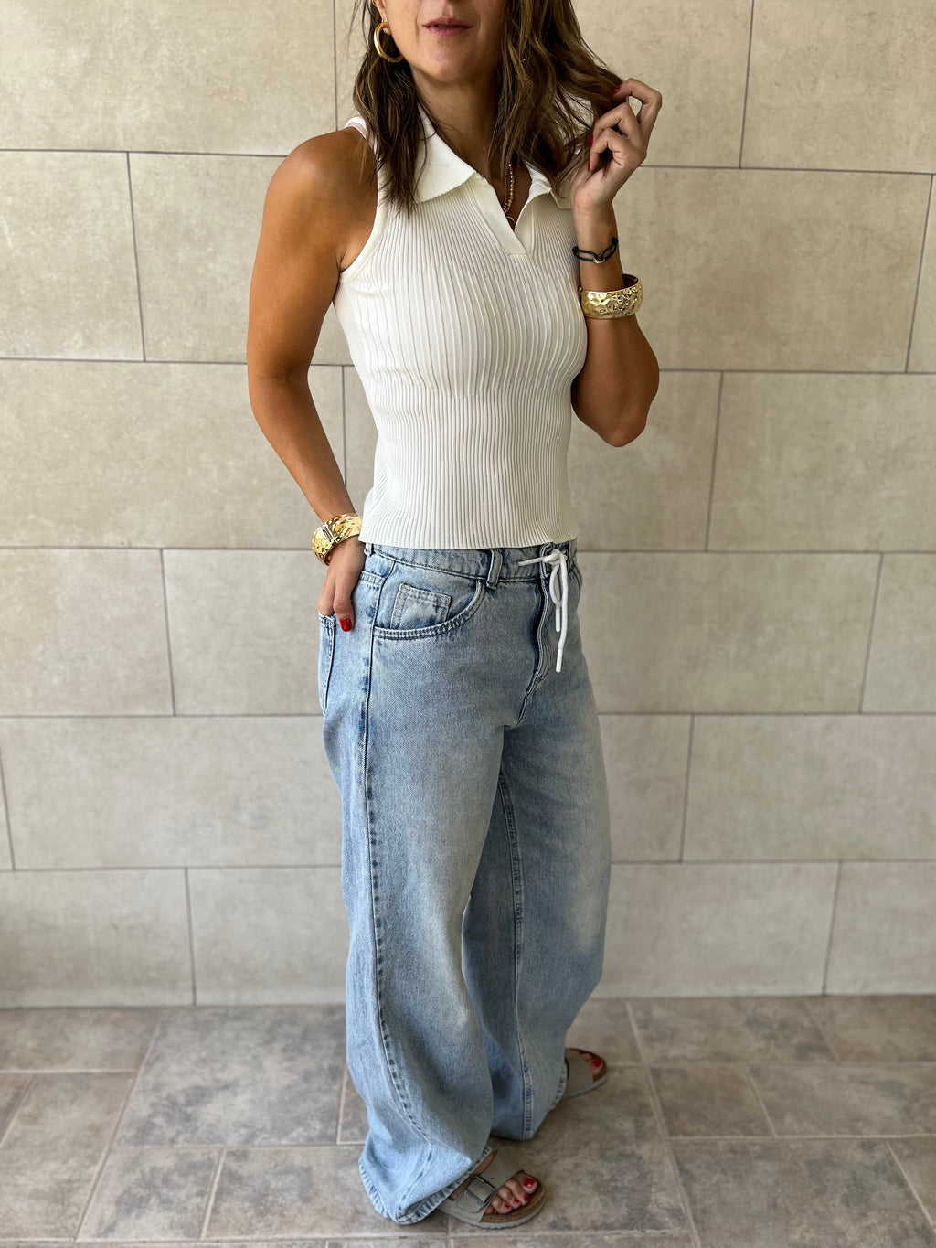 White Sleeveless Polo Collar Top