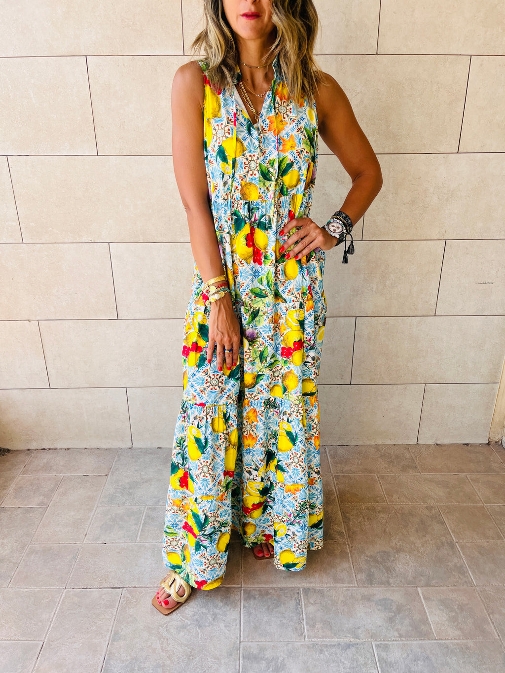 Baby Blue Lemon Print Tiered Dress