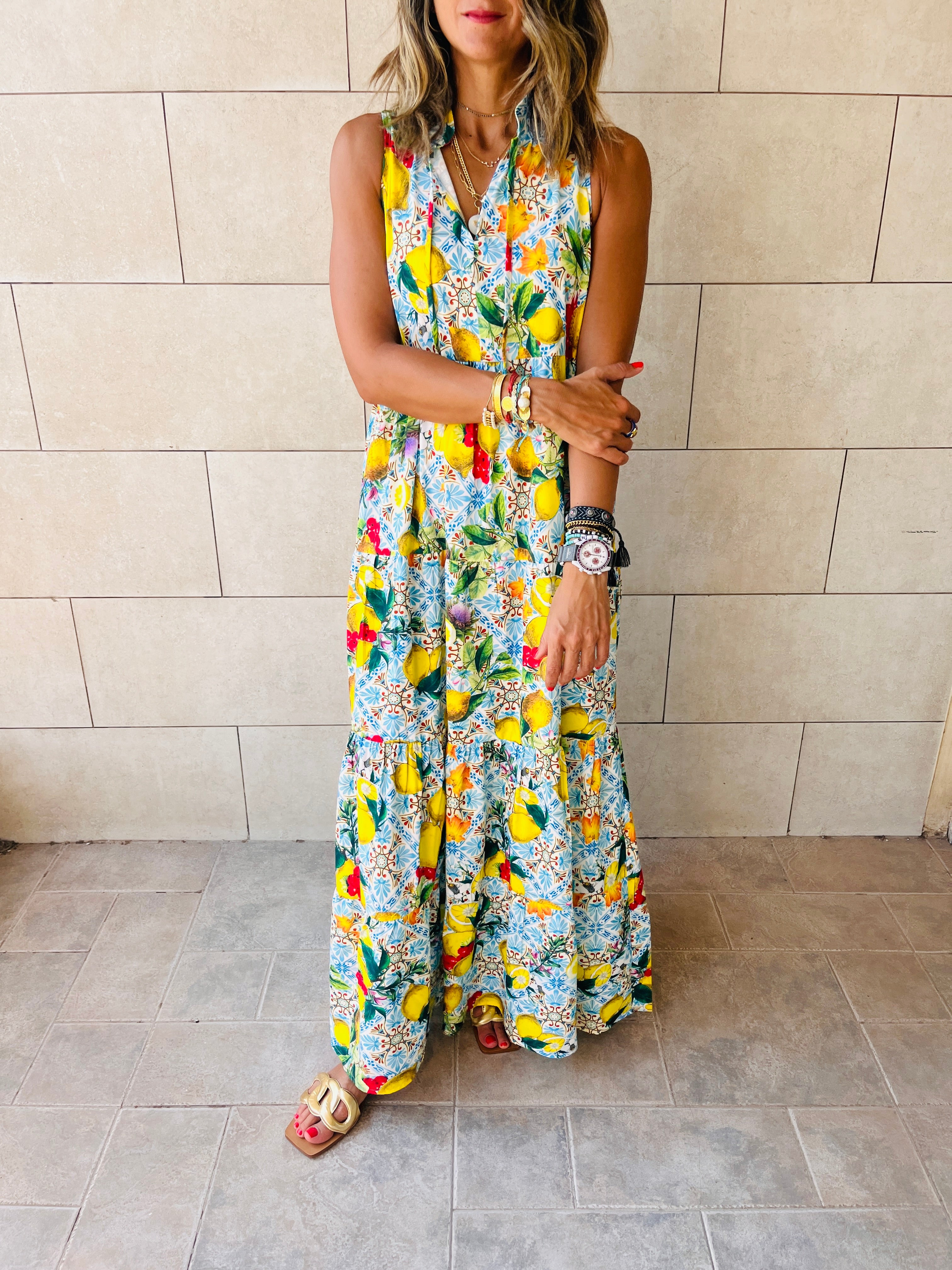 Baby Blue Lemon Print Tiered Dress