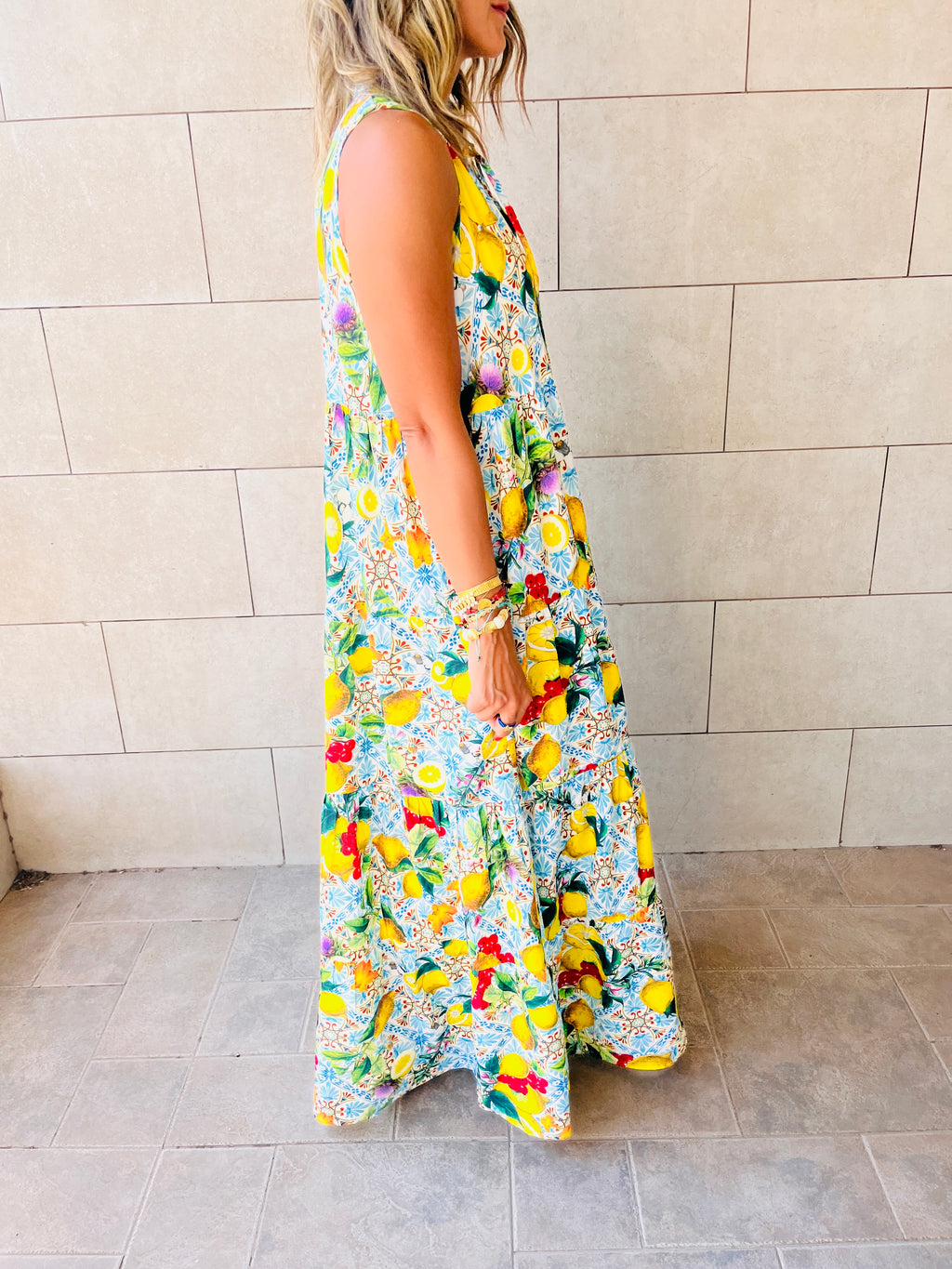 Baby Blue Lemon Print Tiered Dress