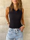 Black Sleeveless Polo Collar Top