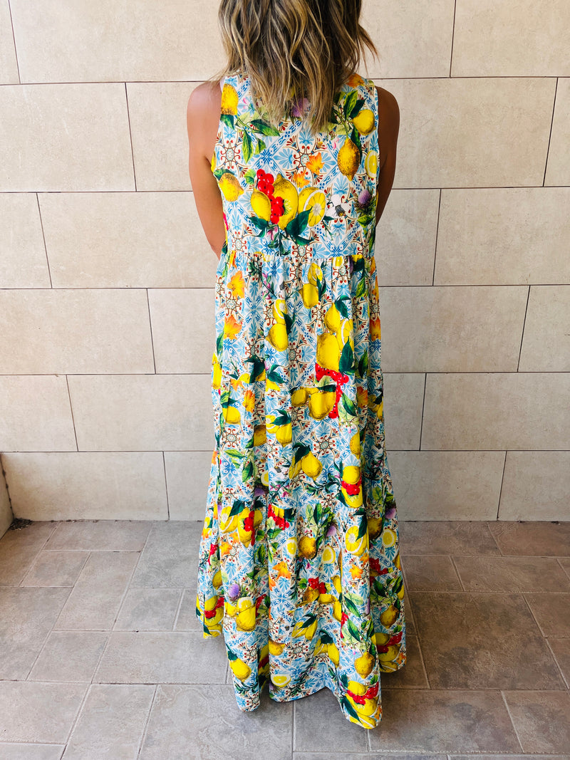 Baby Blue Lemon Print Tiered Dress