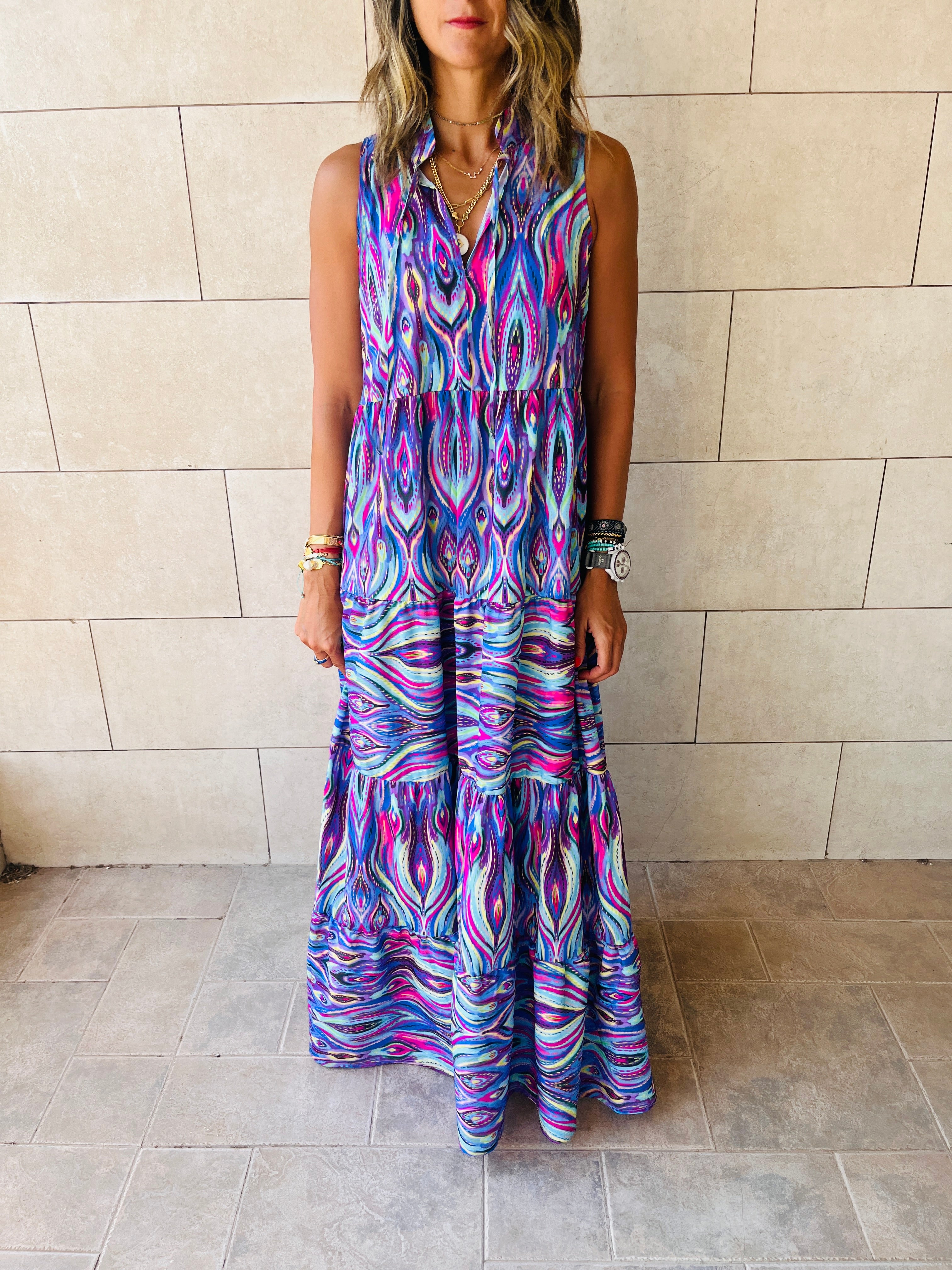 Purple Wavy Print Tiered Dress