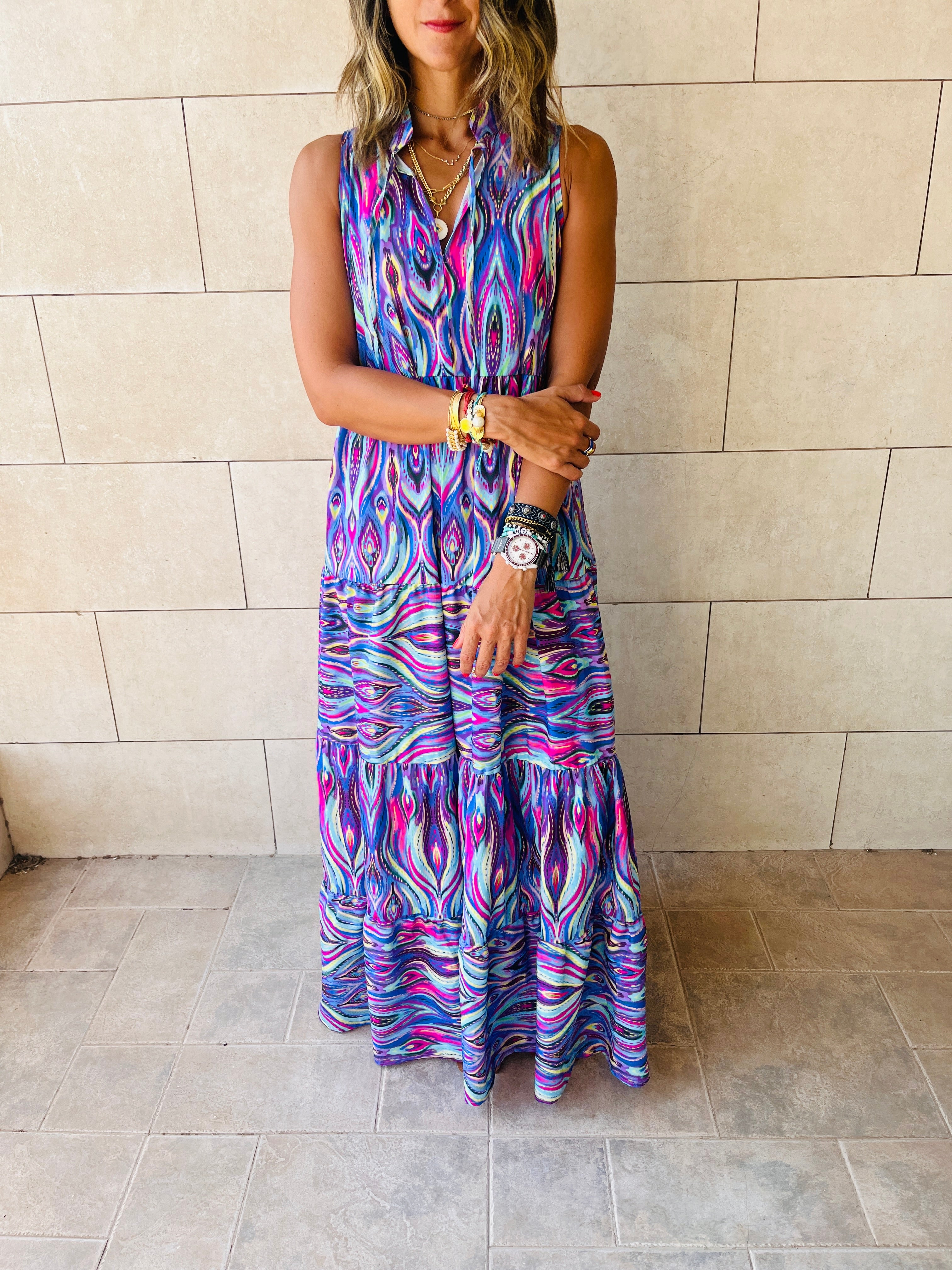 Purple Wavy Print Tiered Dress