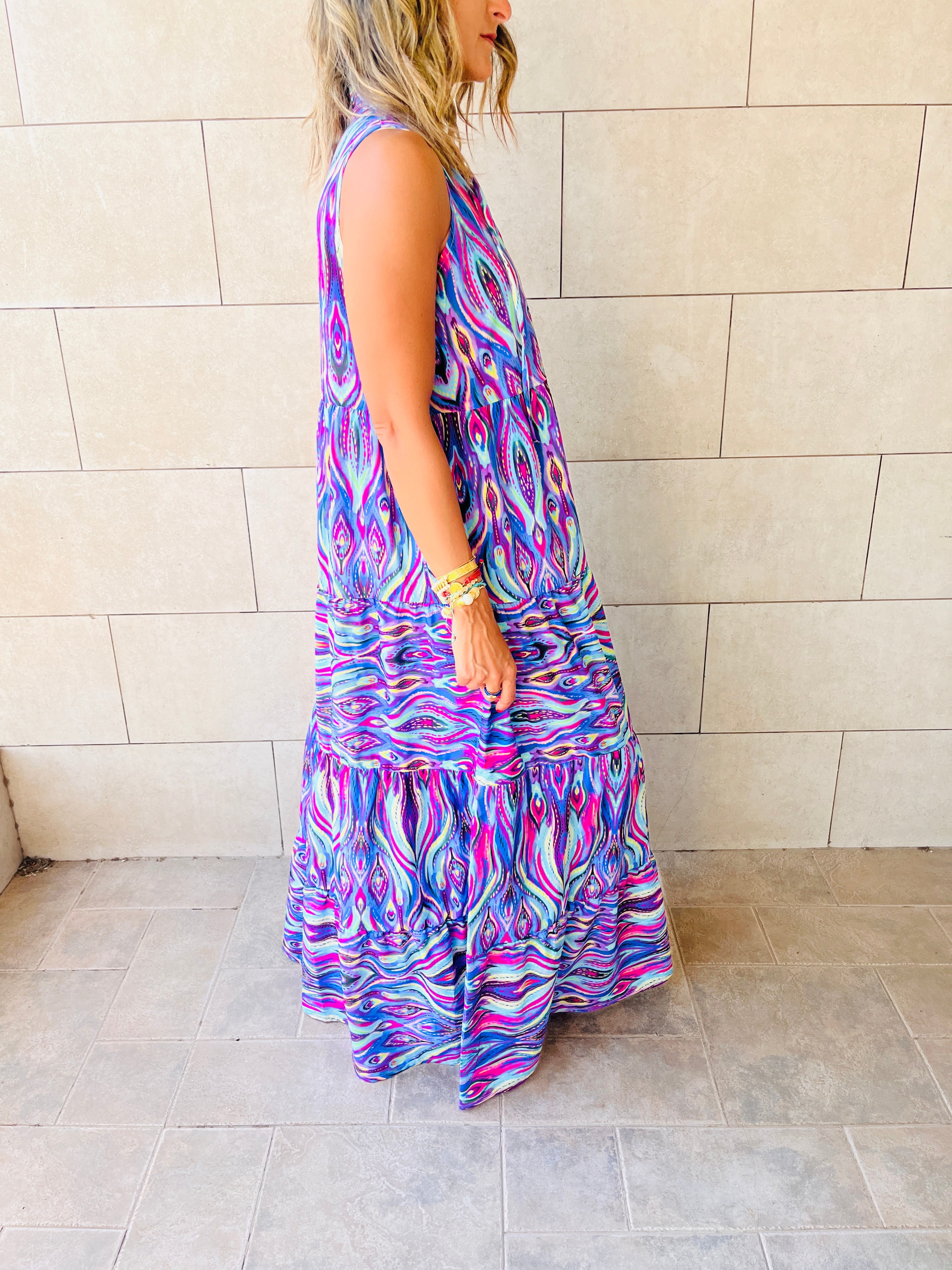 Purple Wavy Print Tiered Dress