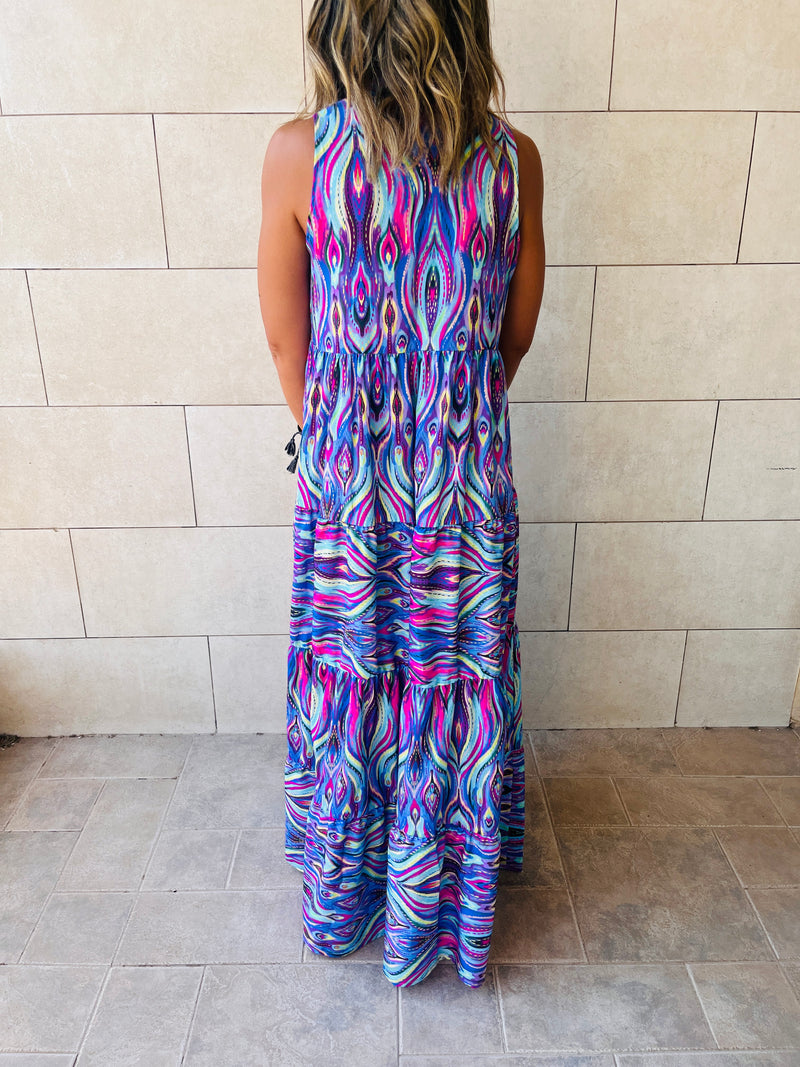 Purple Wavy Print Tiered Dress